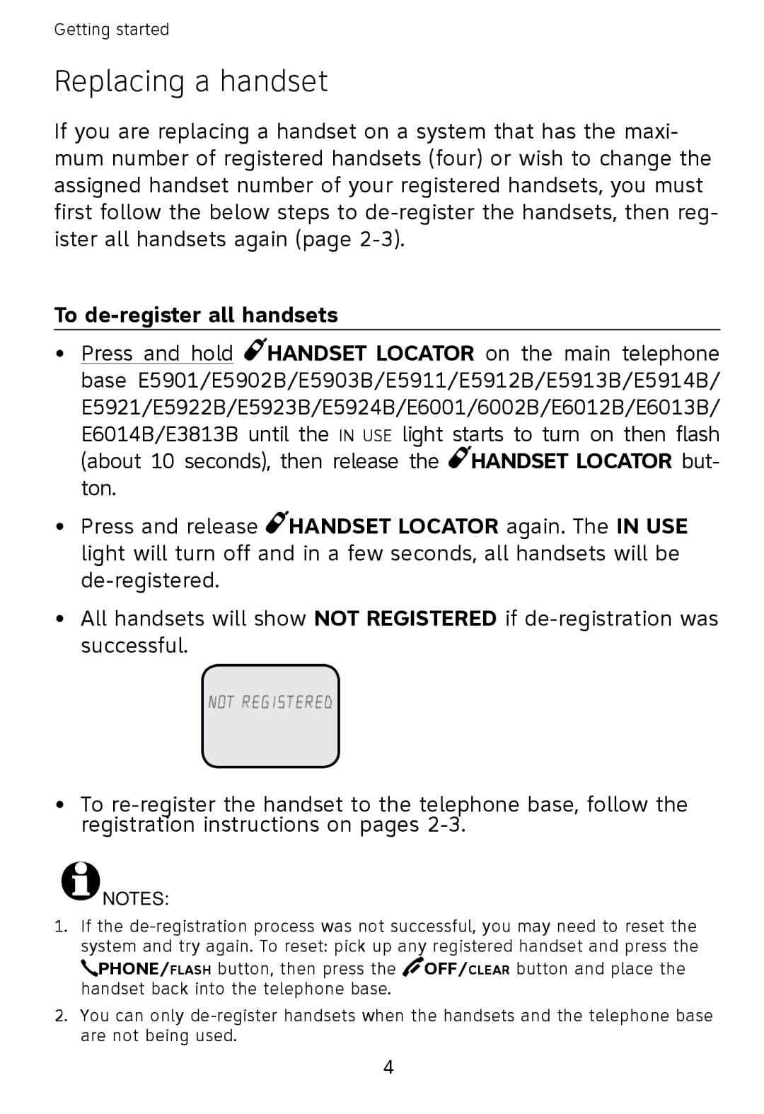 AT&T E598-1 quick start Replacing a handset, To de-register all handsets 