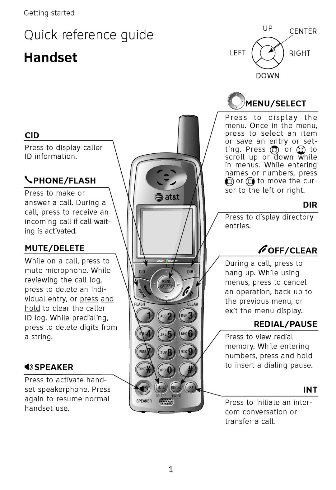 AT&T E598-2 quick start Quick reference guide, Handset 