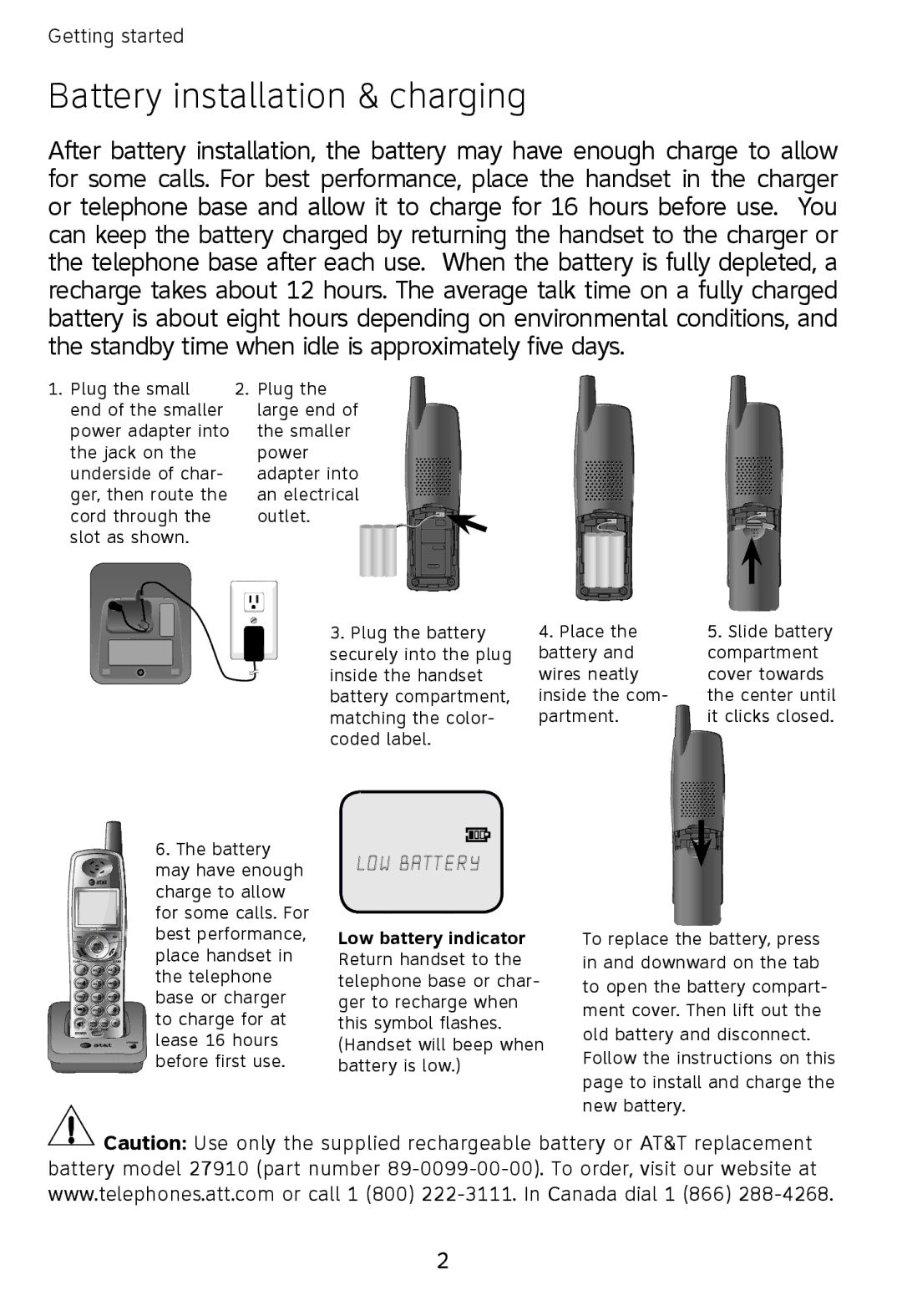 AT&T E598-2 quick start Battery installation & charging, LOW Battery 