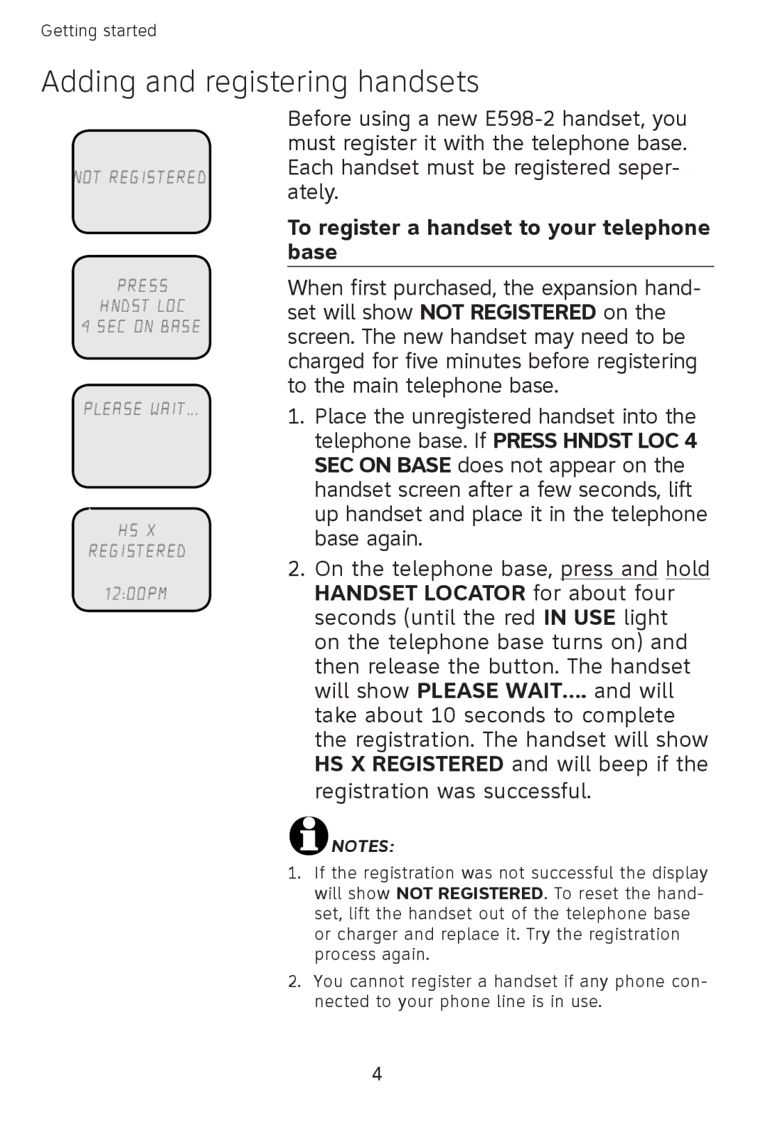 AT&T E598-2 quick start To register a handset to your telephone base 