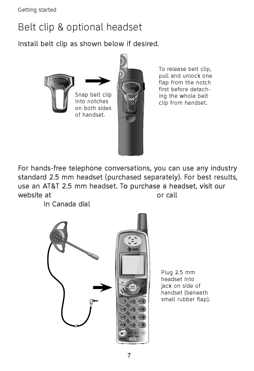 AT&T E5922B, E6001, E6002B, E5923B, E5924B Belt clip & optional headset, Install belt clip as shown below if desired 