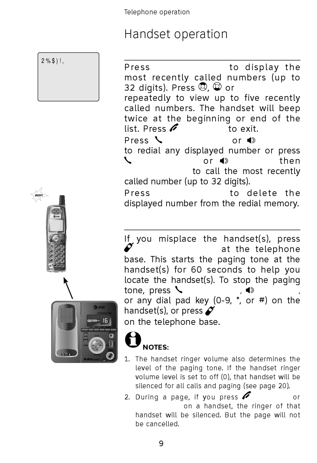 AT&T E6001, E6002B, E5923B, E5924B, E5922B user manual Last number redial, Handset locator 