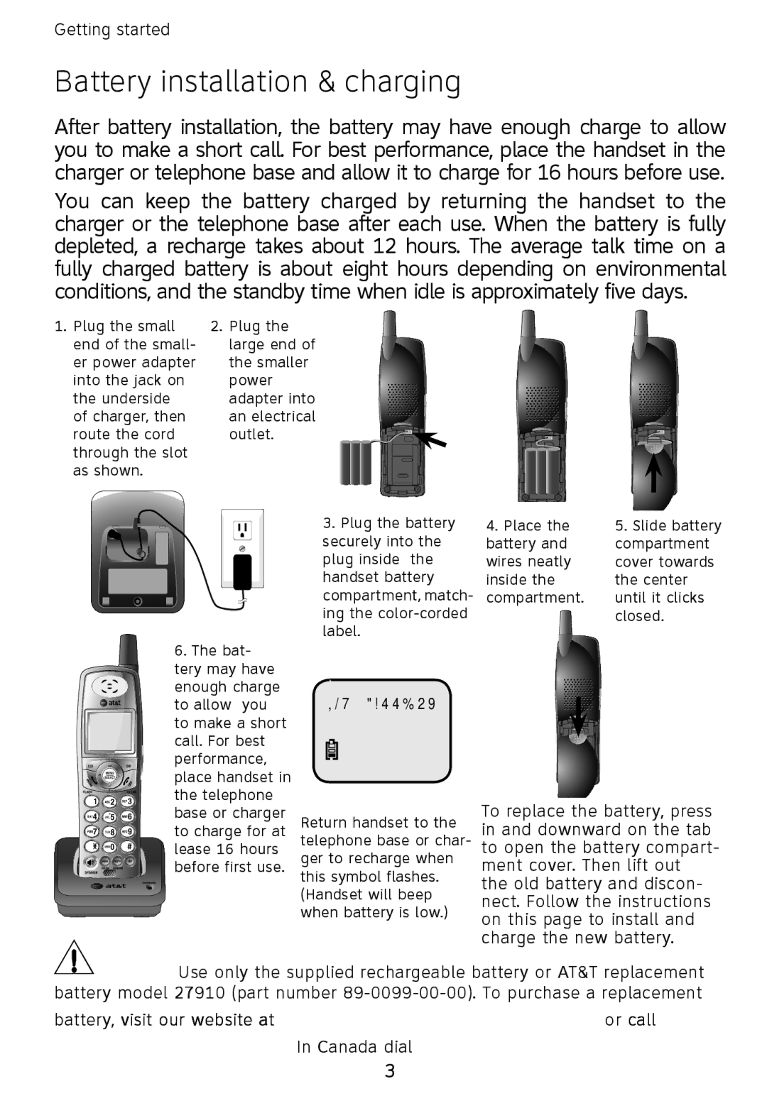 AT&T E6001, E6002B, E5923B, E5924B, E5922B user manual Battery installation & charging, Low battery indicator 