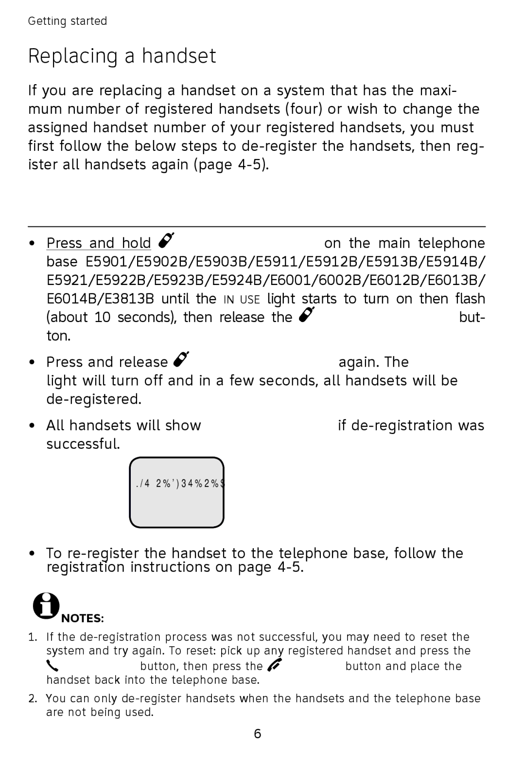 AT&T E5924B, E6001, E6002B, E5923B, E5922B user manual Replacing a handset, To de-register all handsets 