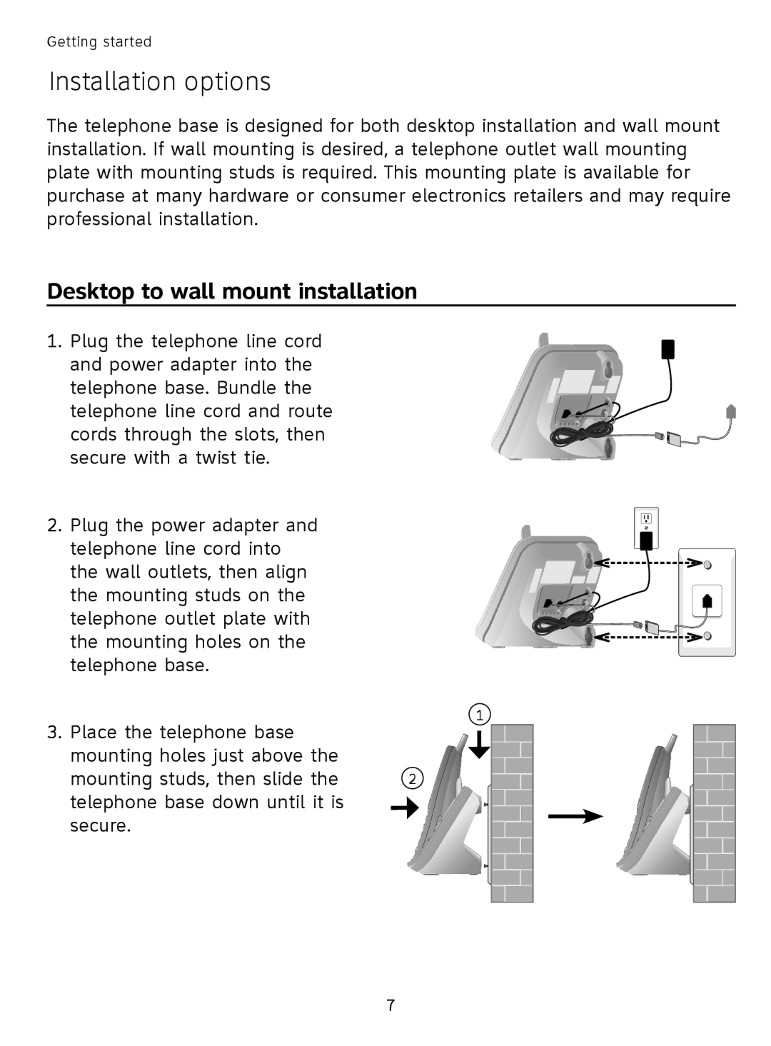 AT&T EL41108 user manual Installation options, Desktop to wall mount installation 