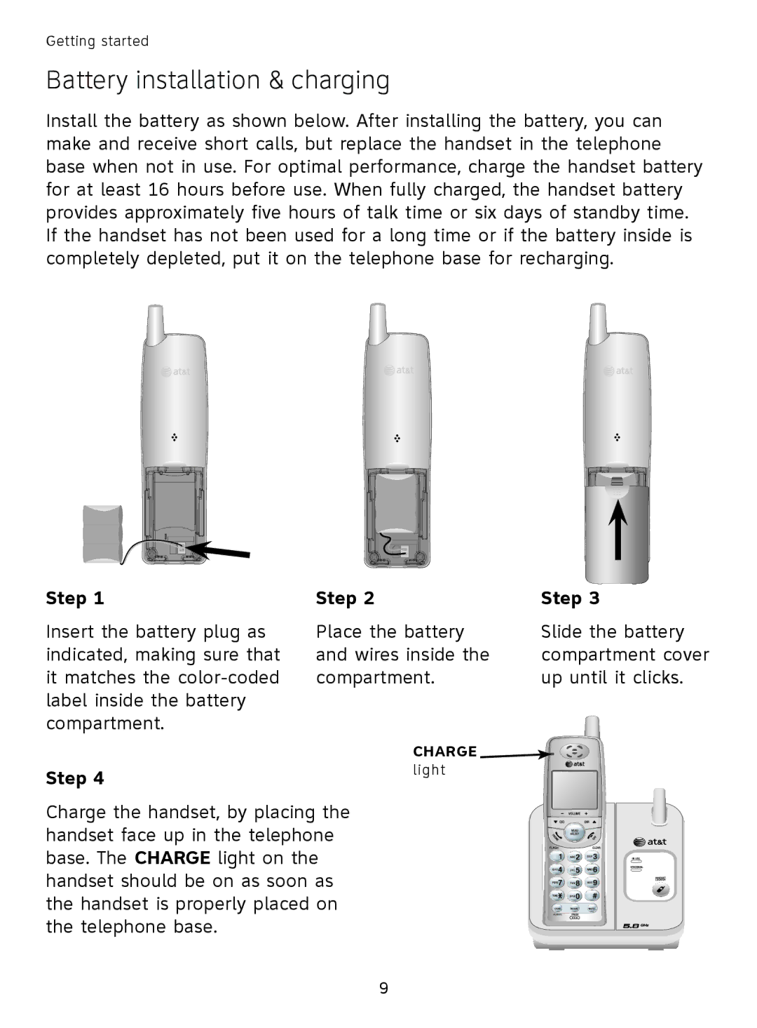 AT&T EL41108 user manual Battery installation & charging, Step 