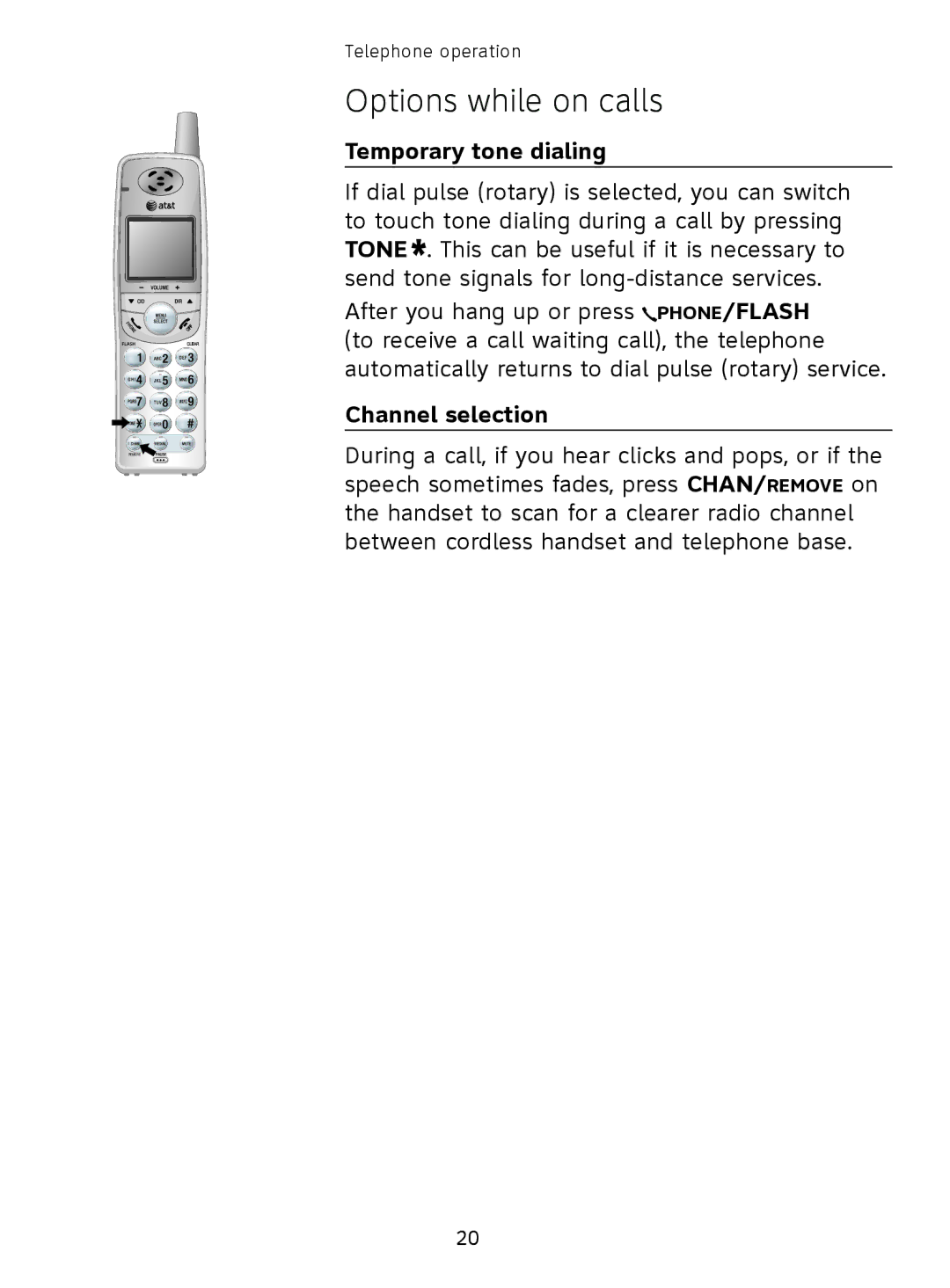 AT&T EL41108 user manual Temporary tone dialing, Channel selection 