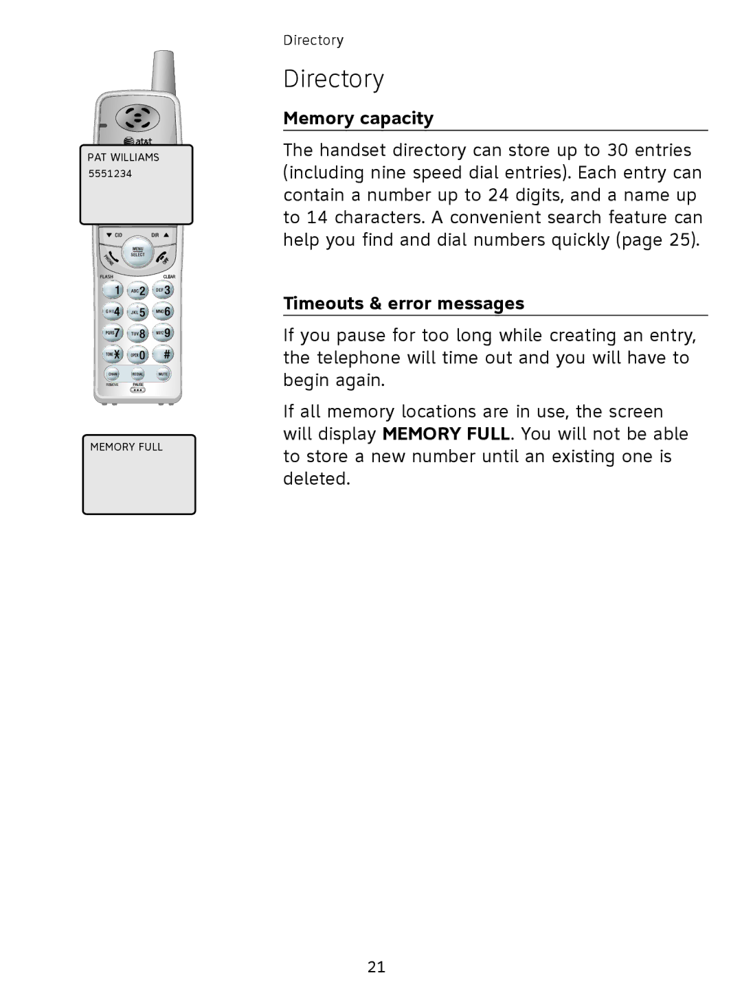 AT&T EL41108 user manual Directory, Memory capacity, Timeouts & error messages 