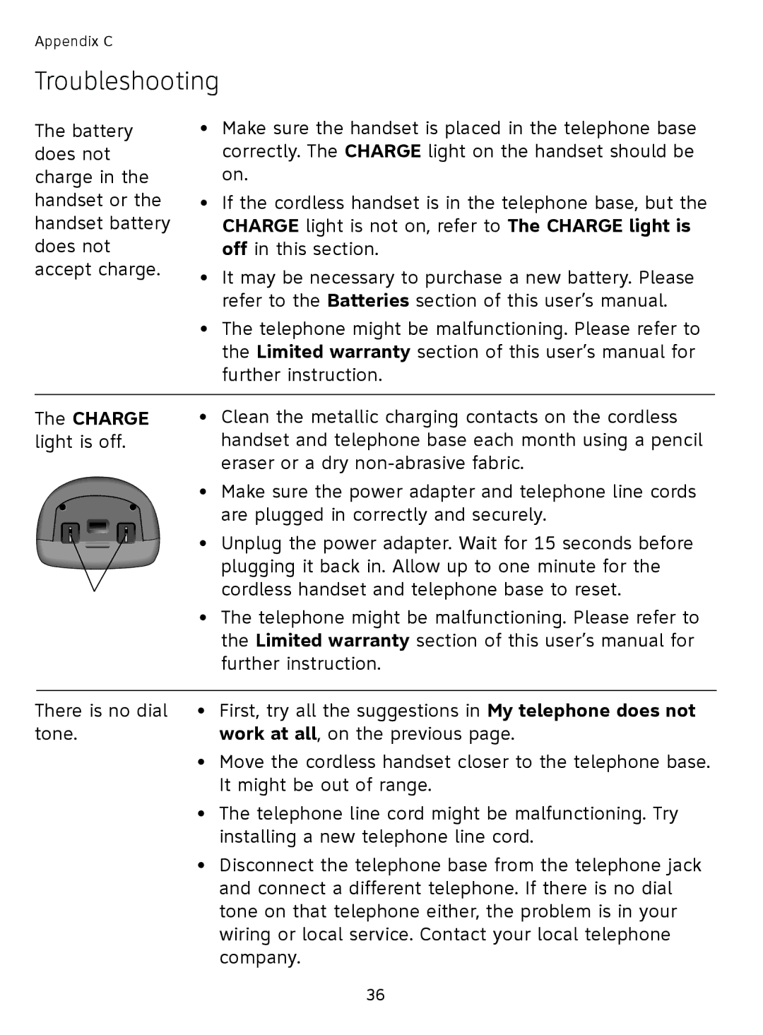 AT&T EL41108 user manual Charge light is not on, refer to The Charge light is 