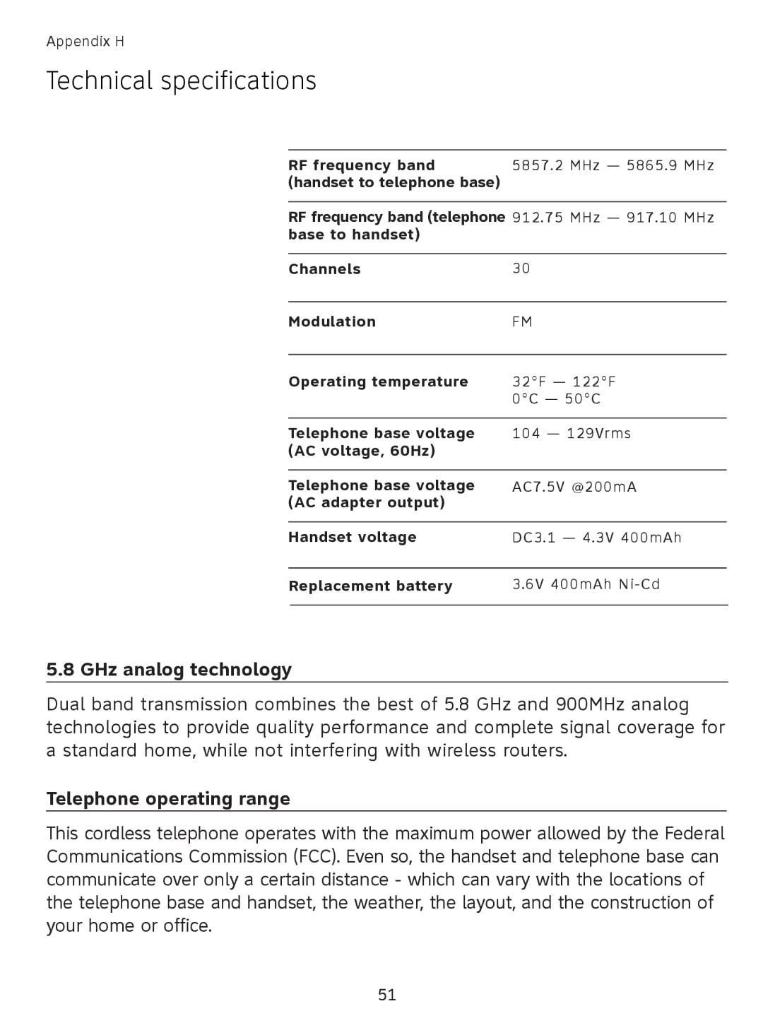 AT&T EL41108 user manual Technical specifications, GHz analog technology, Telephone operating range 