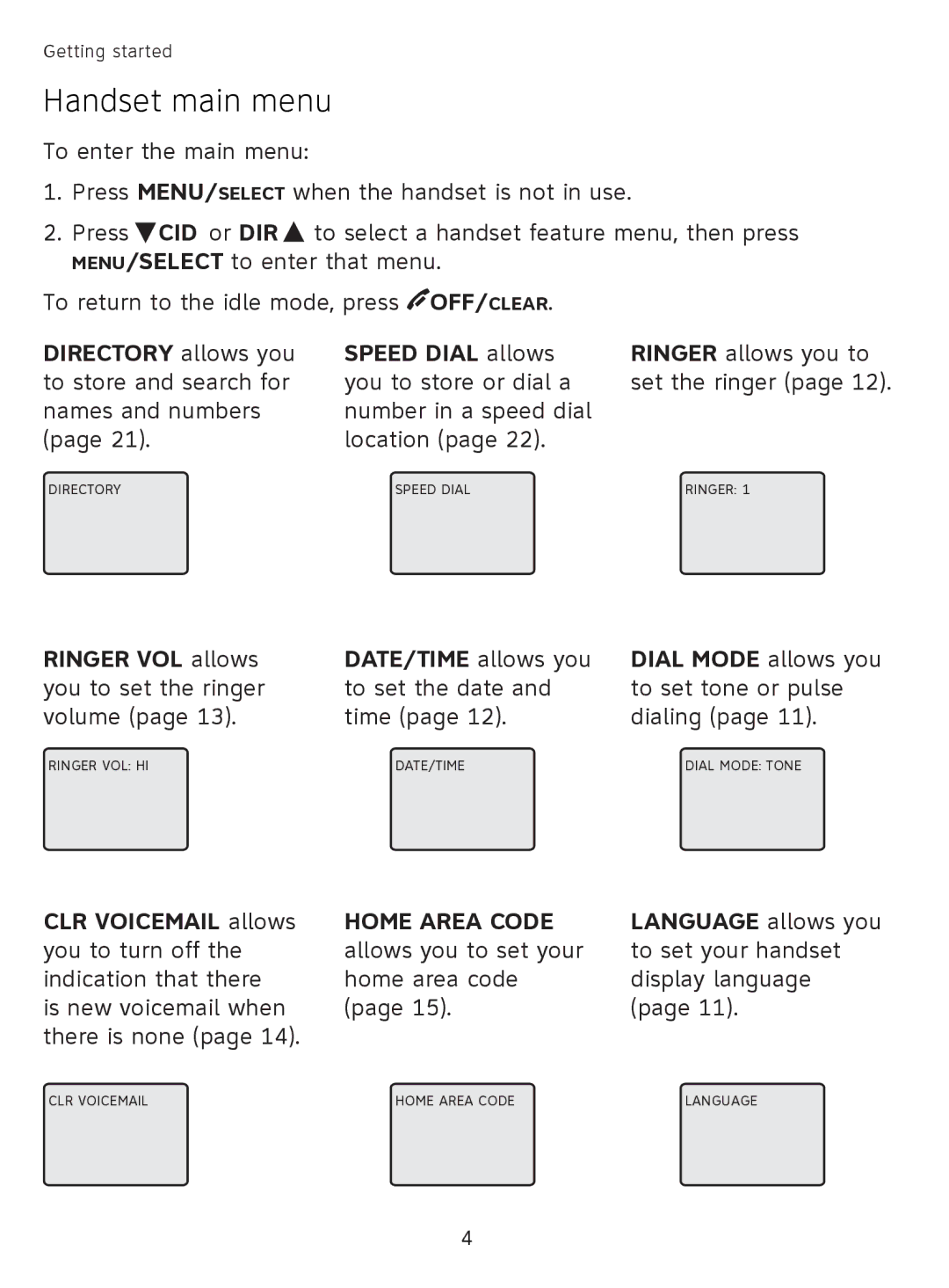 AT&T EL41108 user manual Handset main menu 