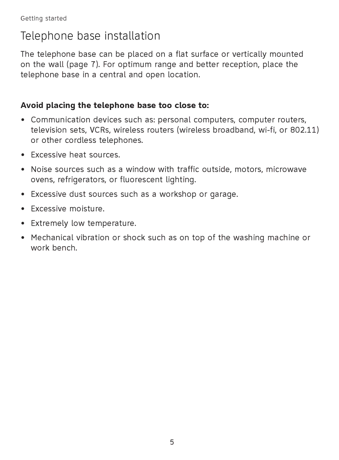 AT&T EL41108 user manual Telephone base installation, Avoid placing the telephone base too close to 