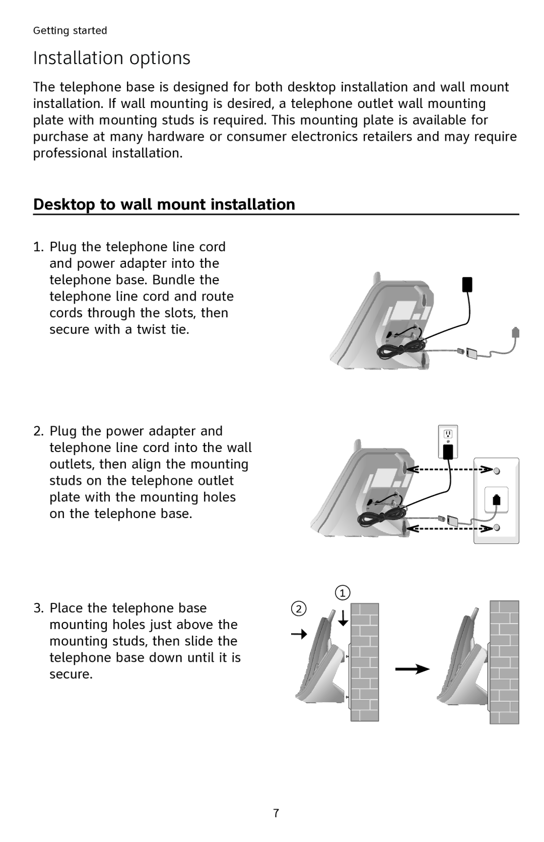 AT&T EL42108 user manual Installation options, Desktop to wall mount installation 