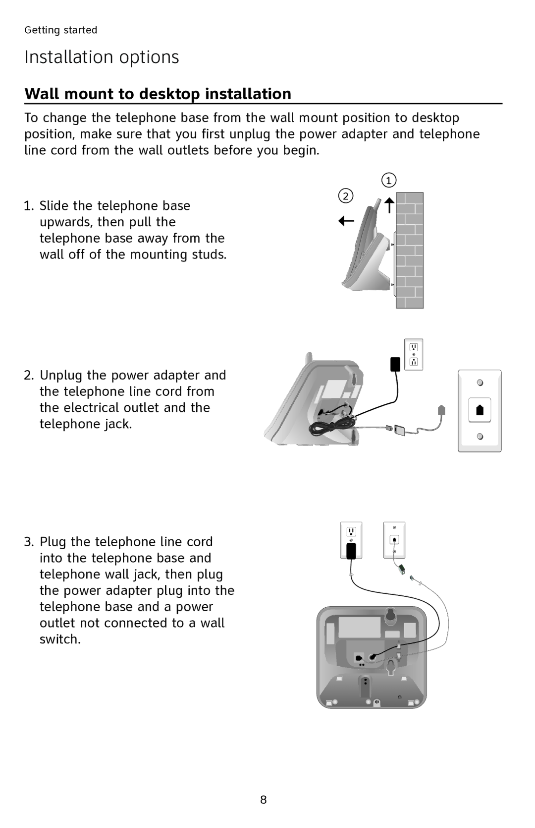 AT&T EL42108 user manual Wall mount to desktop installation 