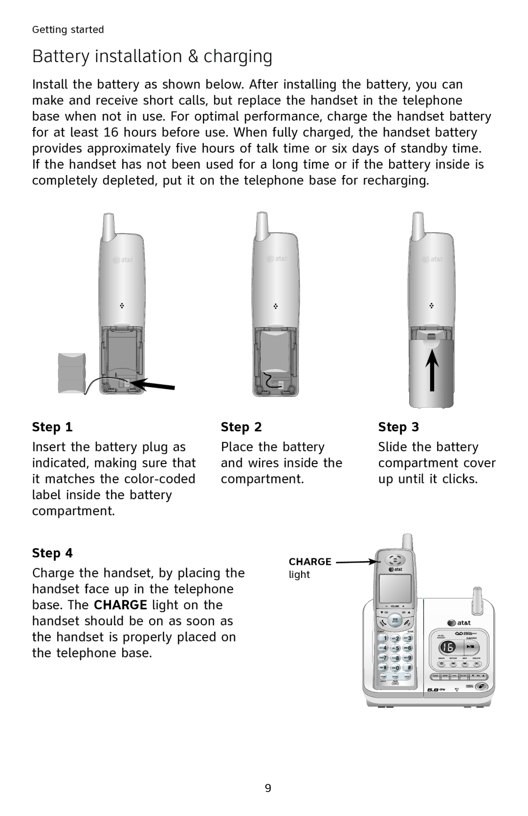 AT&T EL42108 user manual Battery installation & charging, Step 