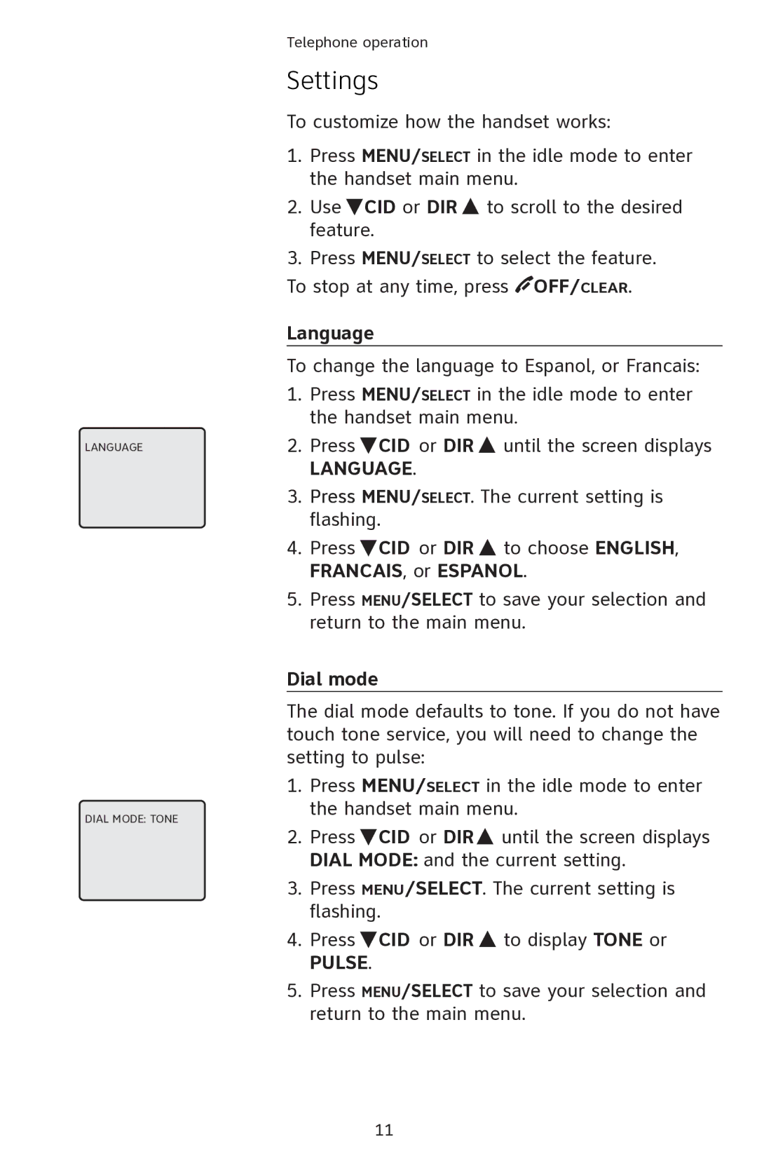 AT&T EL42108 user manual Settings, Language, Dial mode, Pulse 