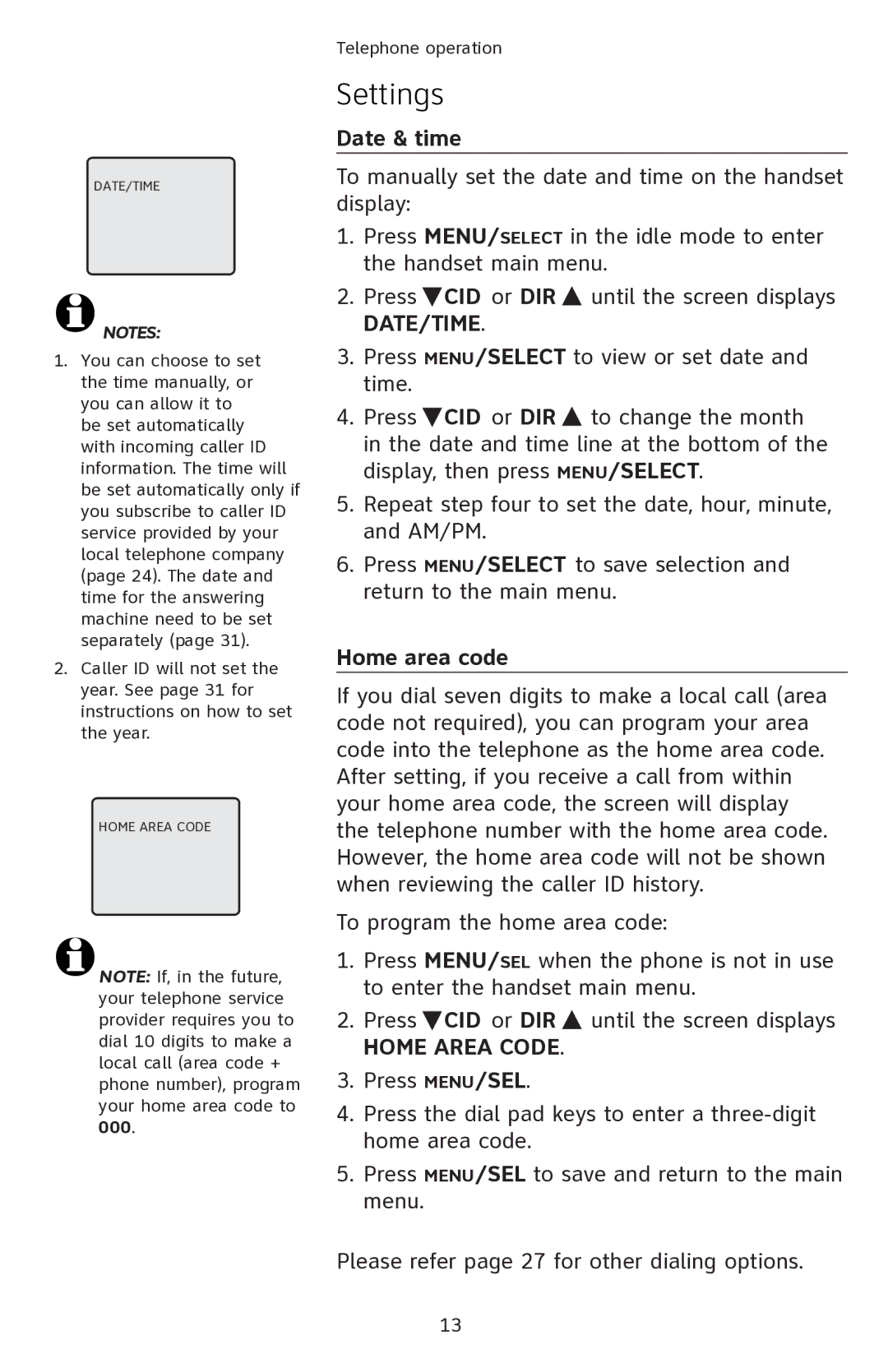 AT&T EL42108 user manual Date & time, Home area code, Home Area Code 