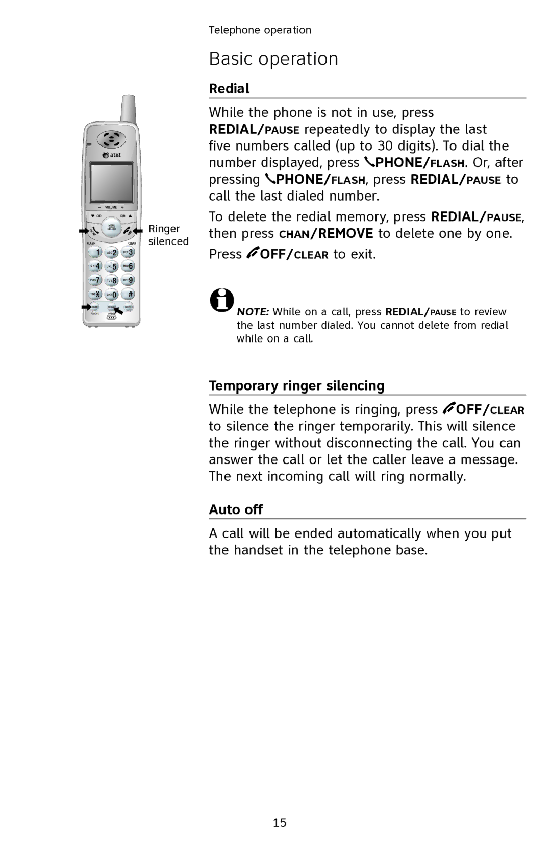 AT&T EL42108 user manual Redial, Temporary ringer silencing, Auto off 