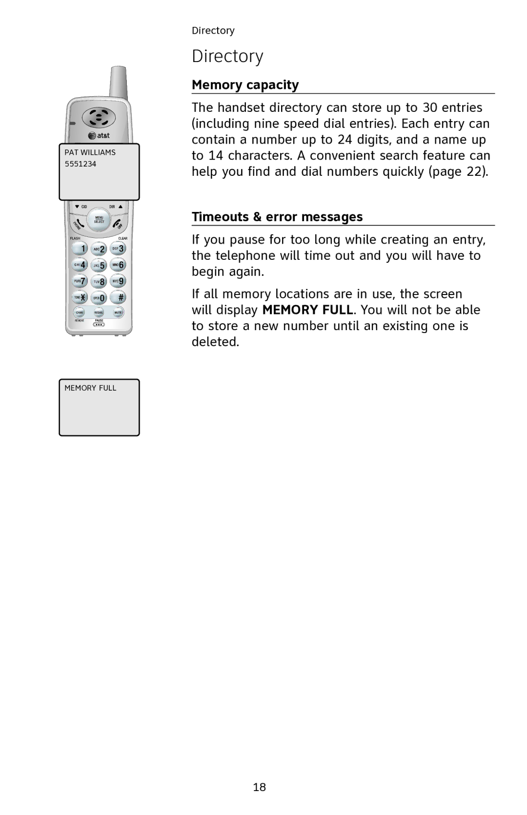 AT&T EL42108 user manual Directory, Memory capacity, Timeouts & error messages 