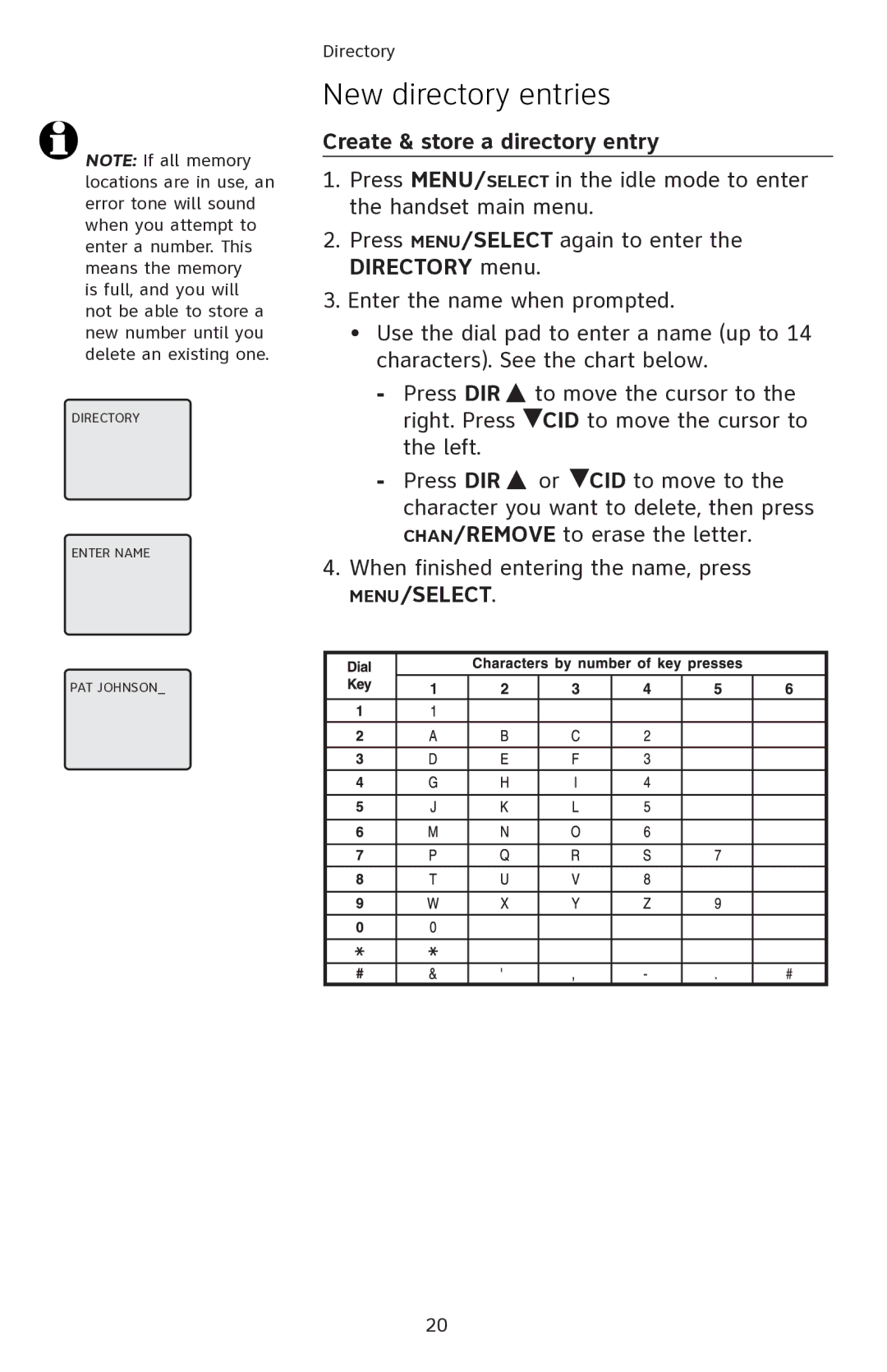 AT&T EL42108 user manual New directory entries, Create & store a directory entry 