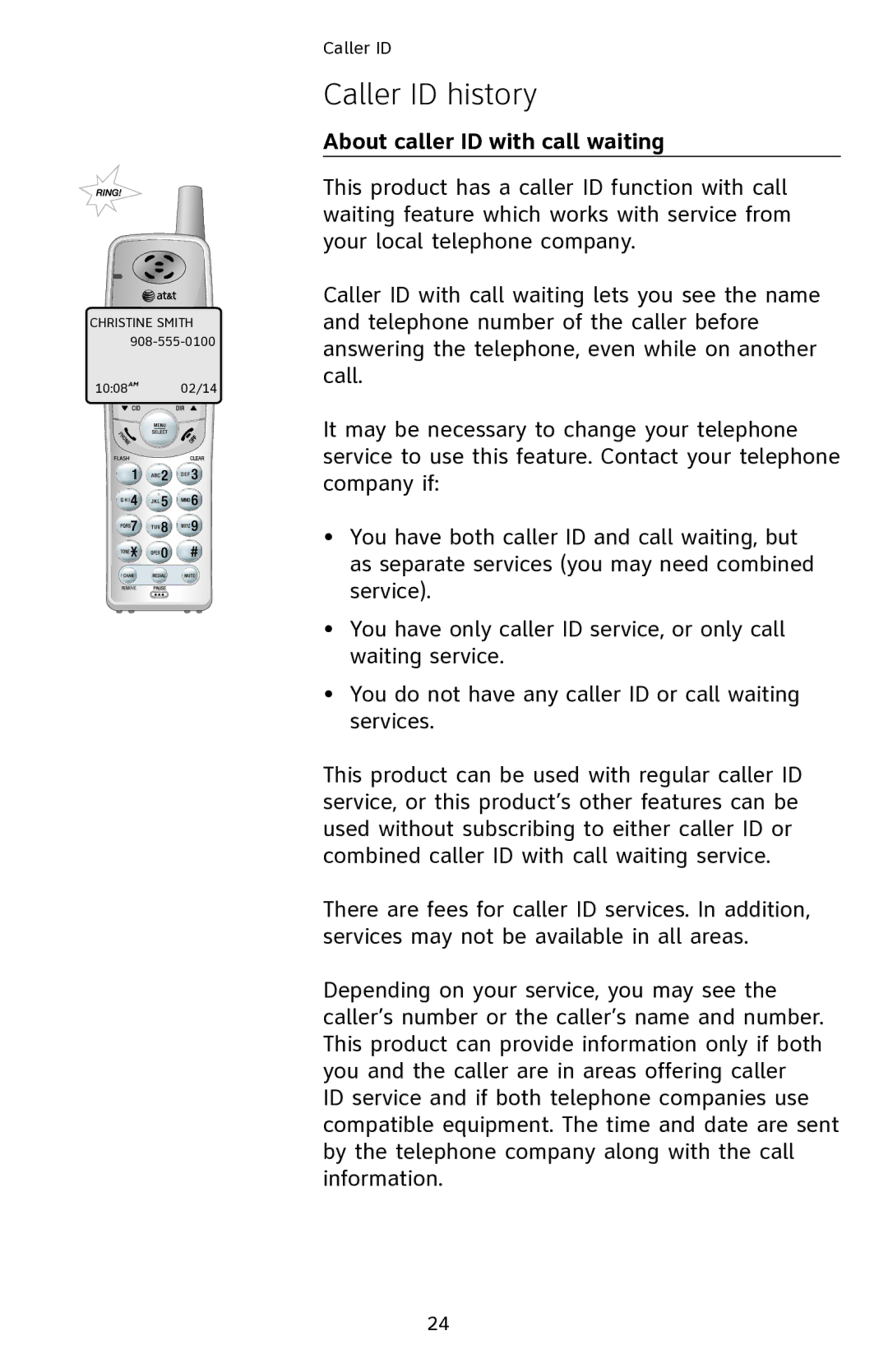 AT&T EL42108 user manual Caller ID history, About caller ID with call waiting 