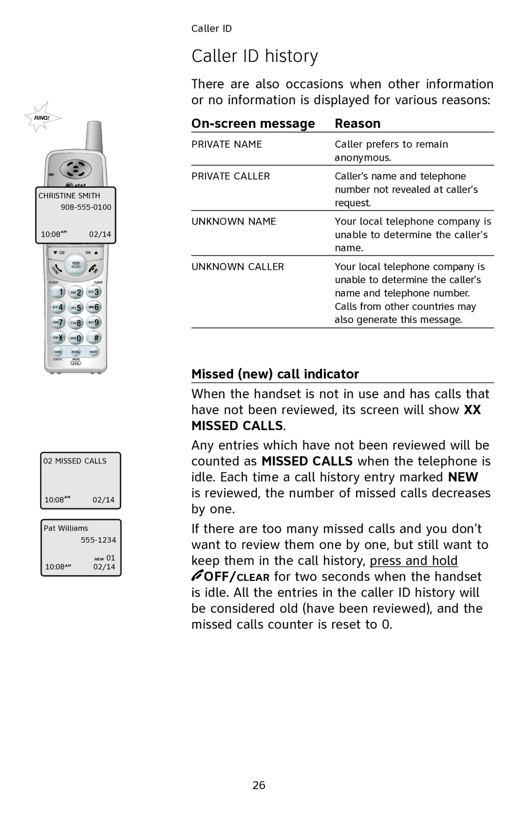 AT&T EL42108 user manual On-screen message Reason, Missed new call indicator 