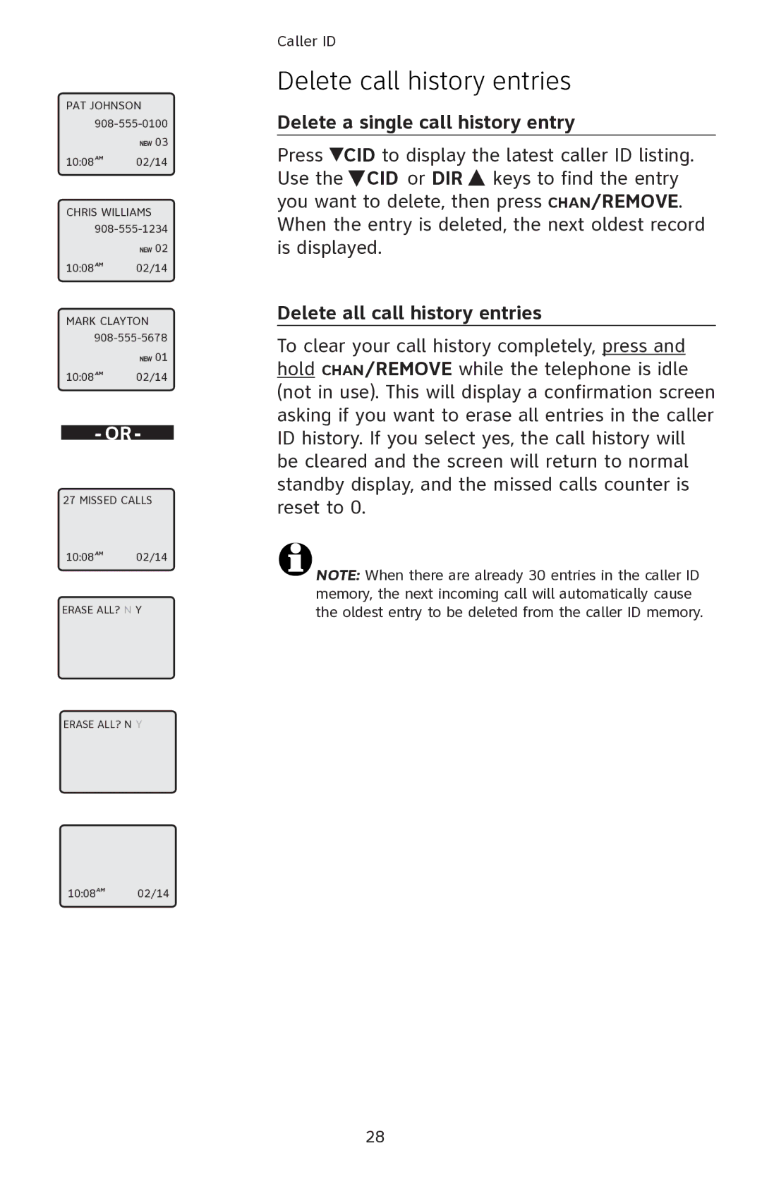 AT&T EL42108 user manual Delete call history entries, Delete a single call history entry, Delete all call history entries 