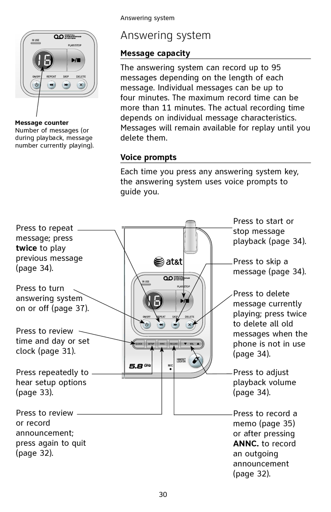 AT&T EL42108 user manual Answering system, Message capacity, Voice prompts 