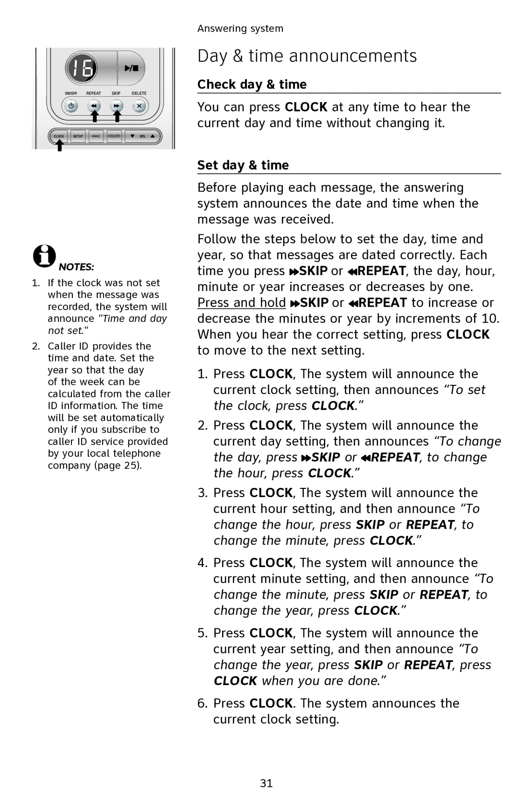 AT&T EL42108 user manual Day & time announcements, Check day & time, Set day & time 