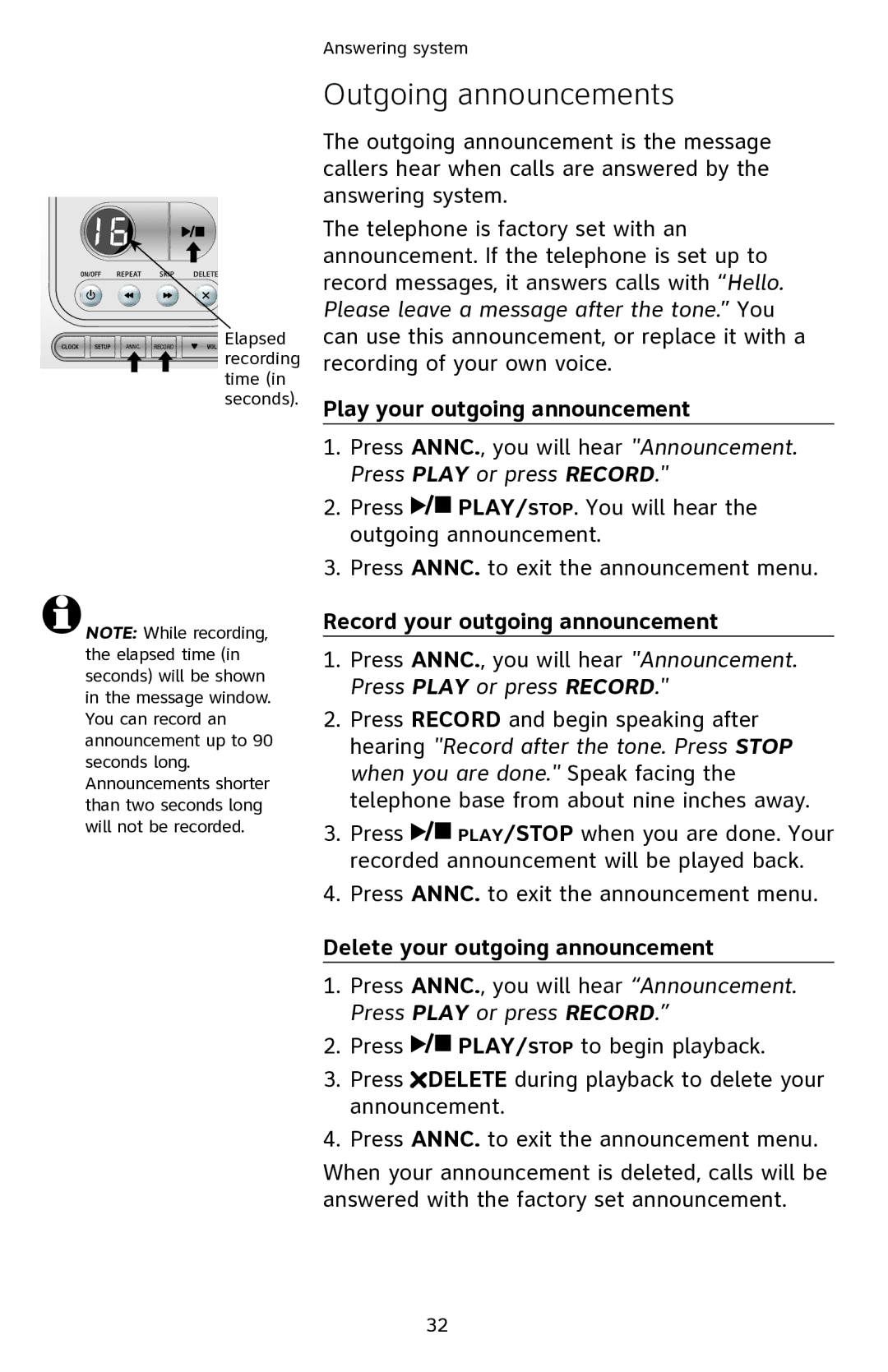 AT&T EL42108 user manual Outgoing announcements, Play your outgoing announcement, Record your outgoing announcement 