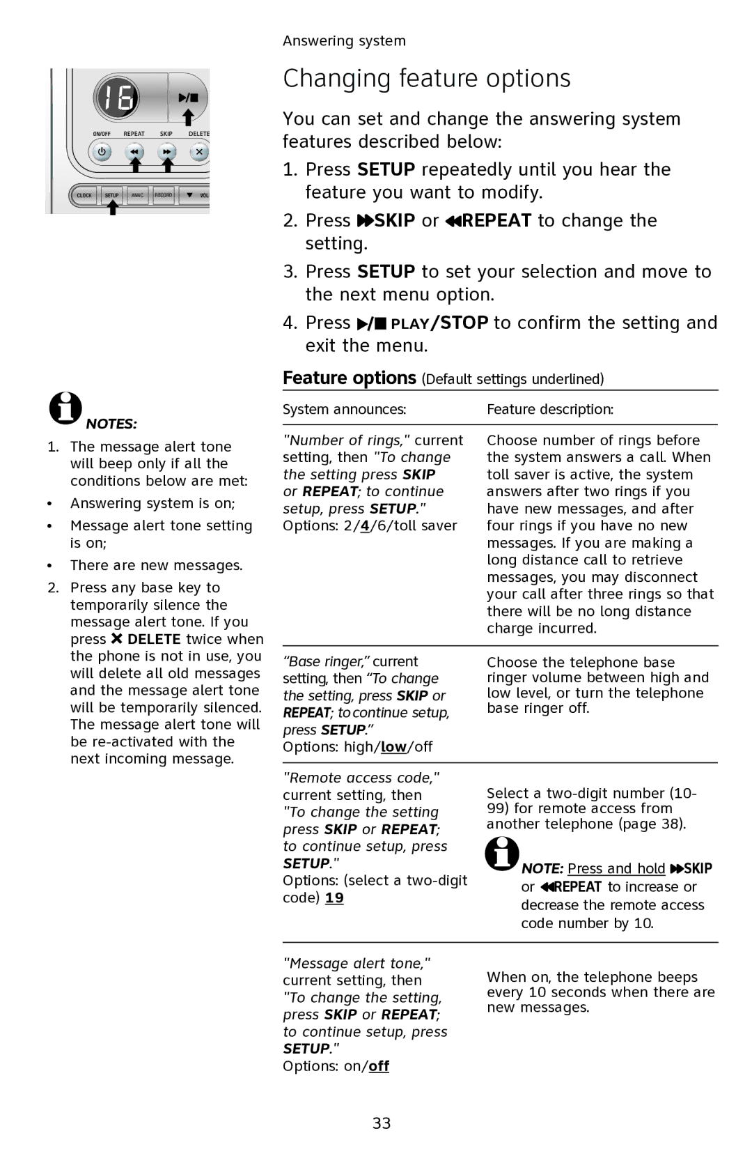 AT&T EL42108 user manual Changing feature options, Setup, press Setup 