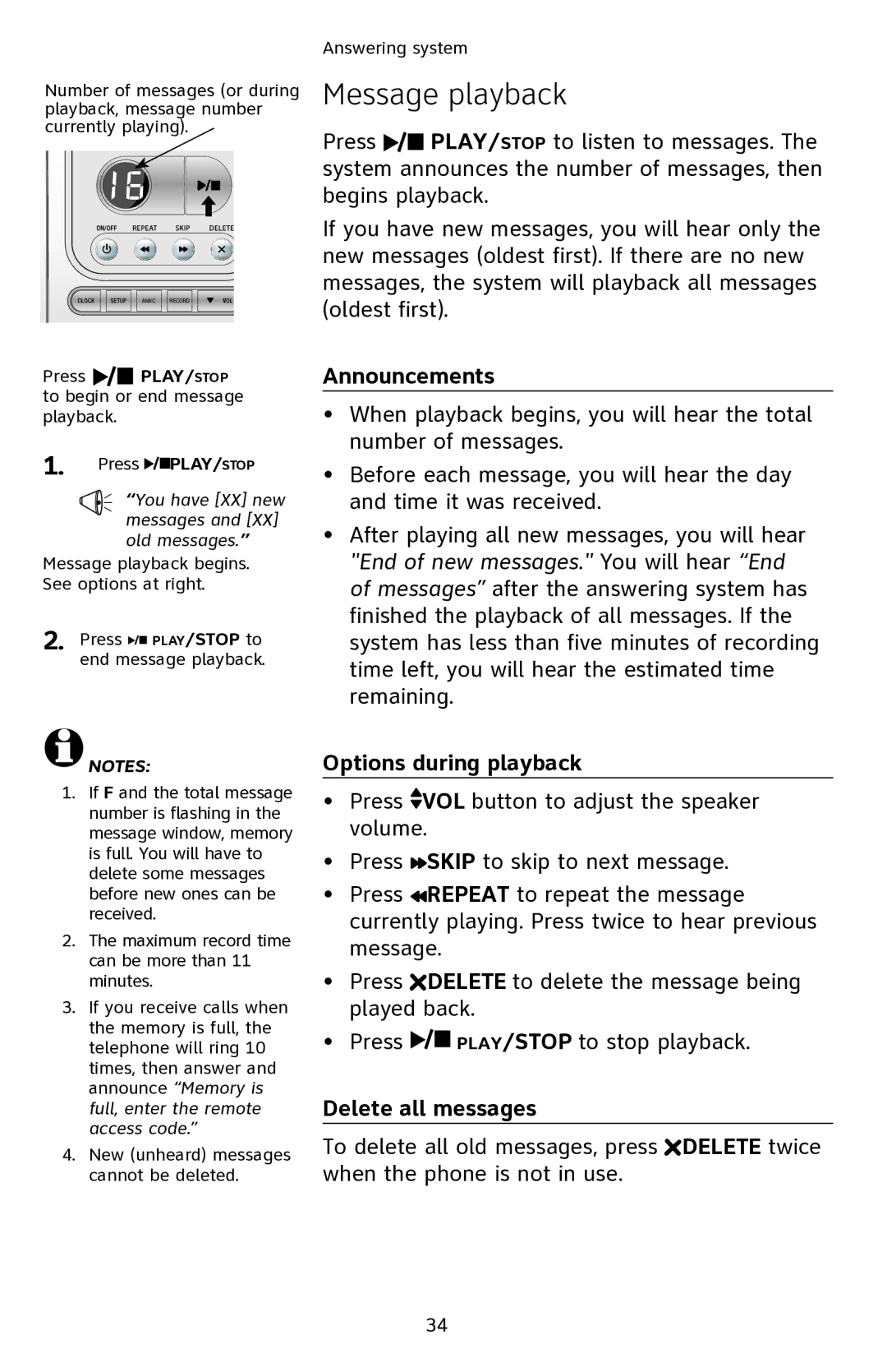 AT&T EL42108 user manual Message playback, Announcements, Options during playback, Delete all messages 