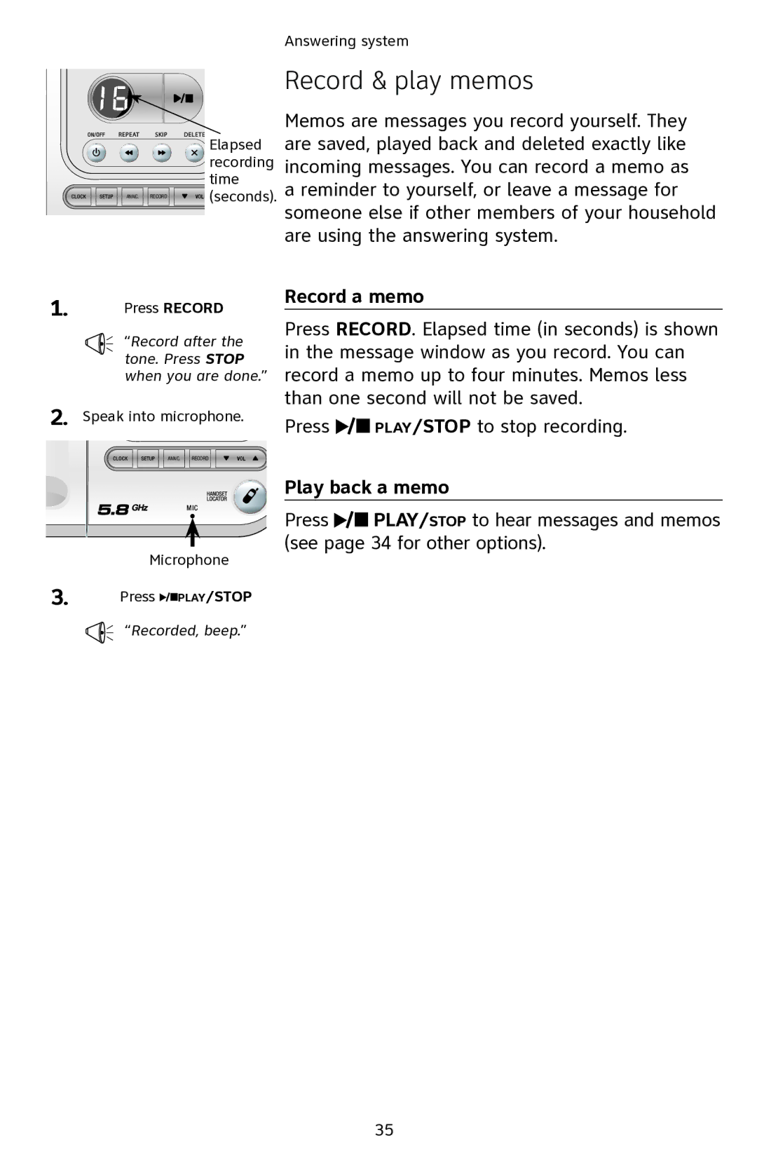 AT&T EL42108 user manual Record & play memos, Record a memo, Play back a memo 