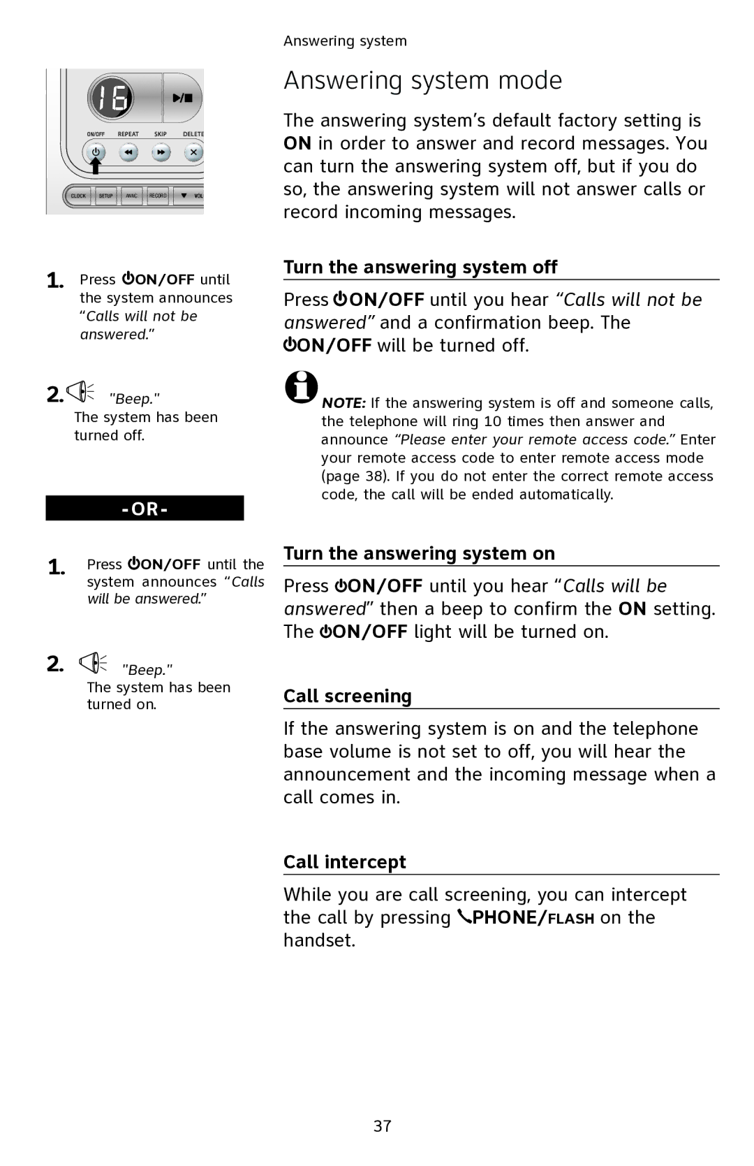 AT&T EL42108 user manual Answering system mode, Turn the answering system off, Turn the answering system on, Call screening 