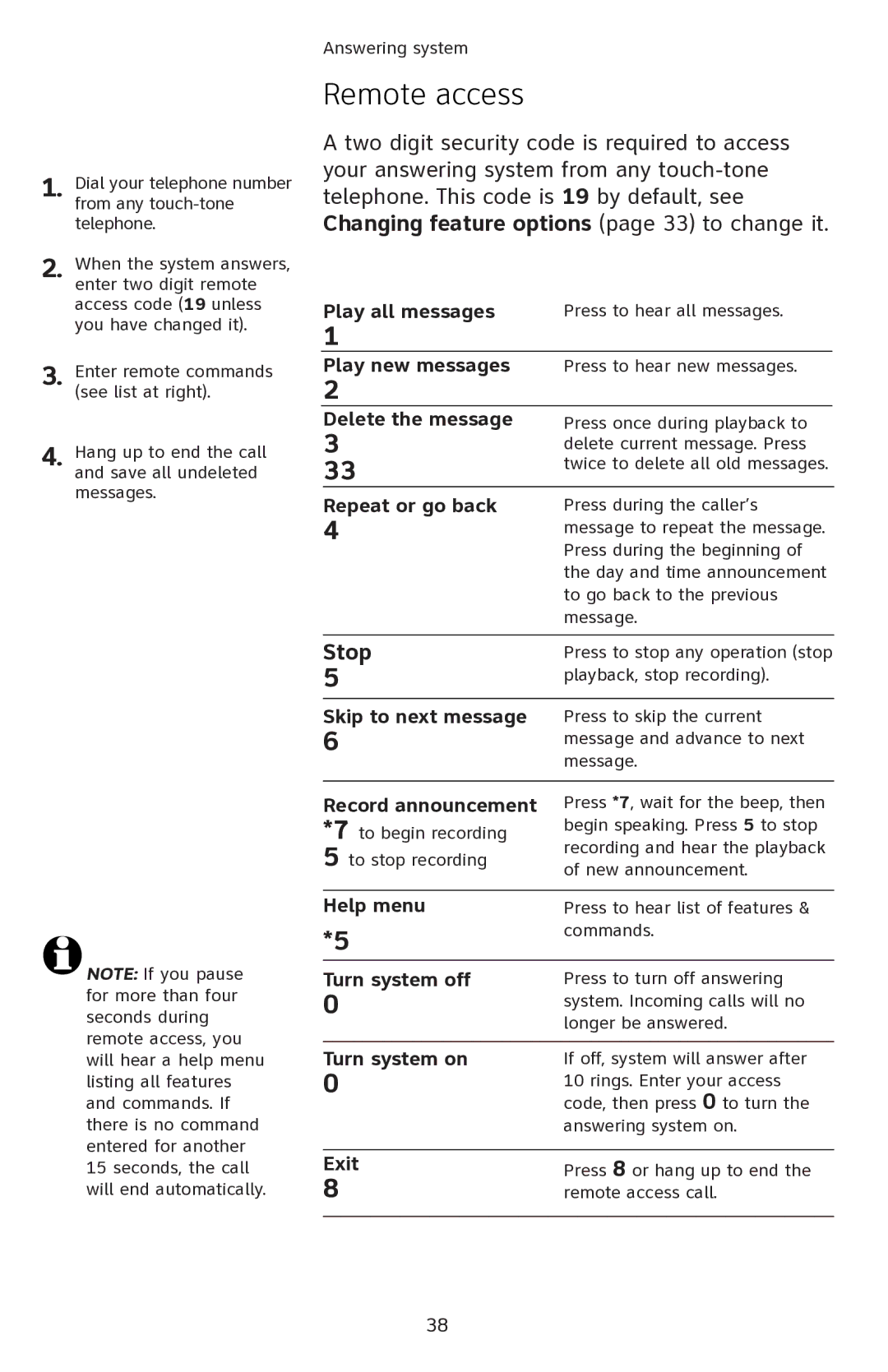 AT&T EL42108 user manual Remote access, Stop 