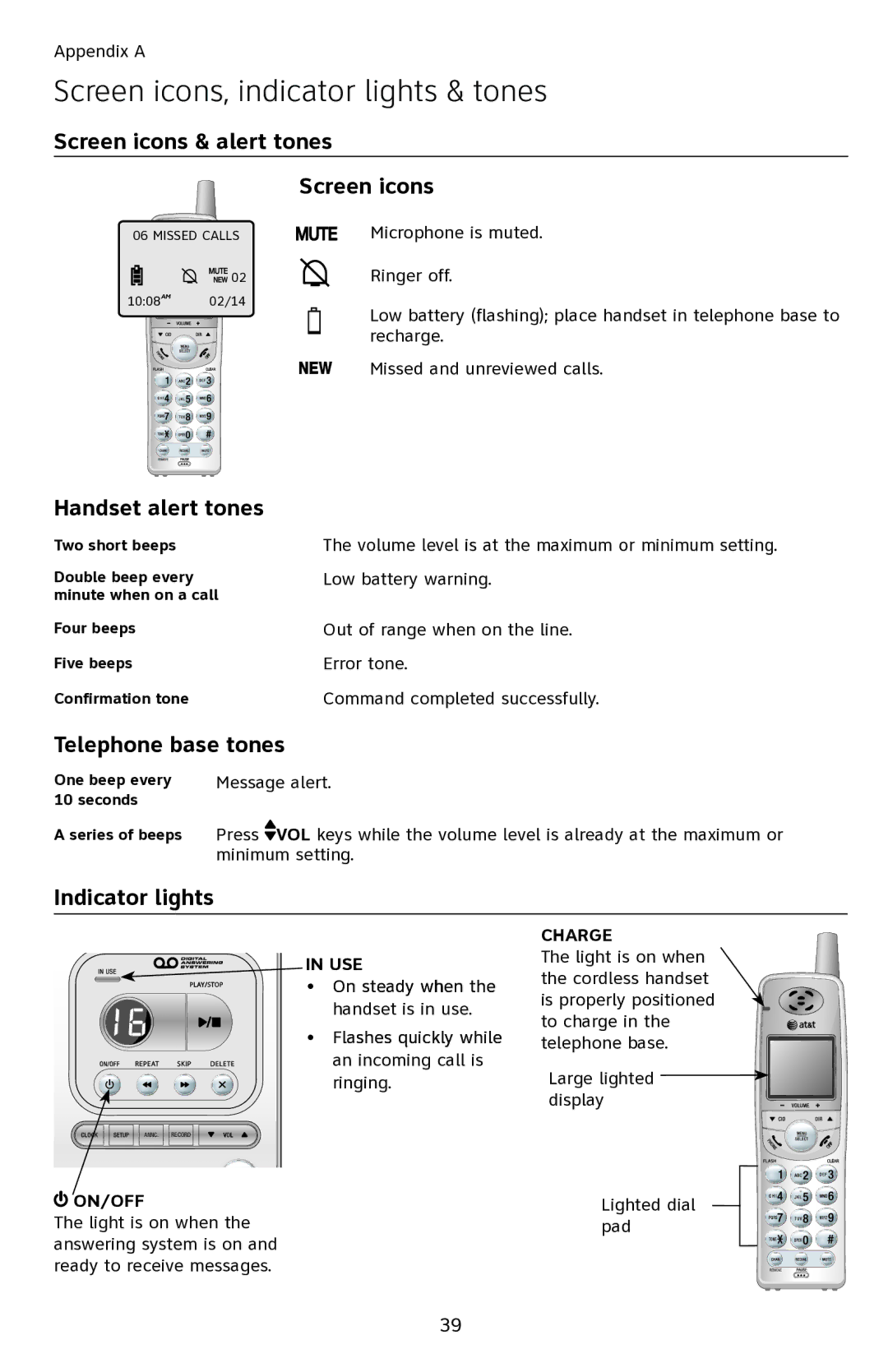 AT&T EL42108 user manual Screen icons, indicator lights & tones 