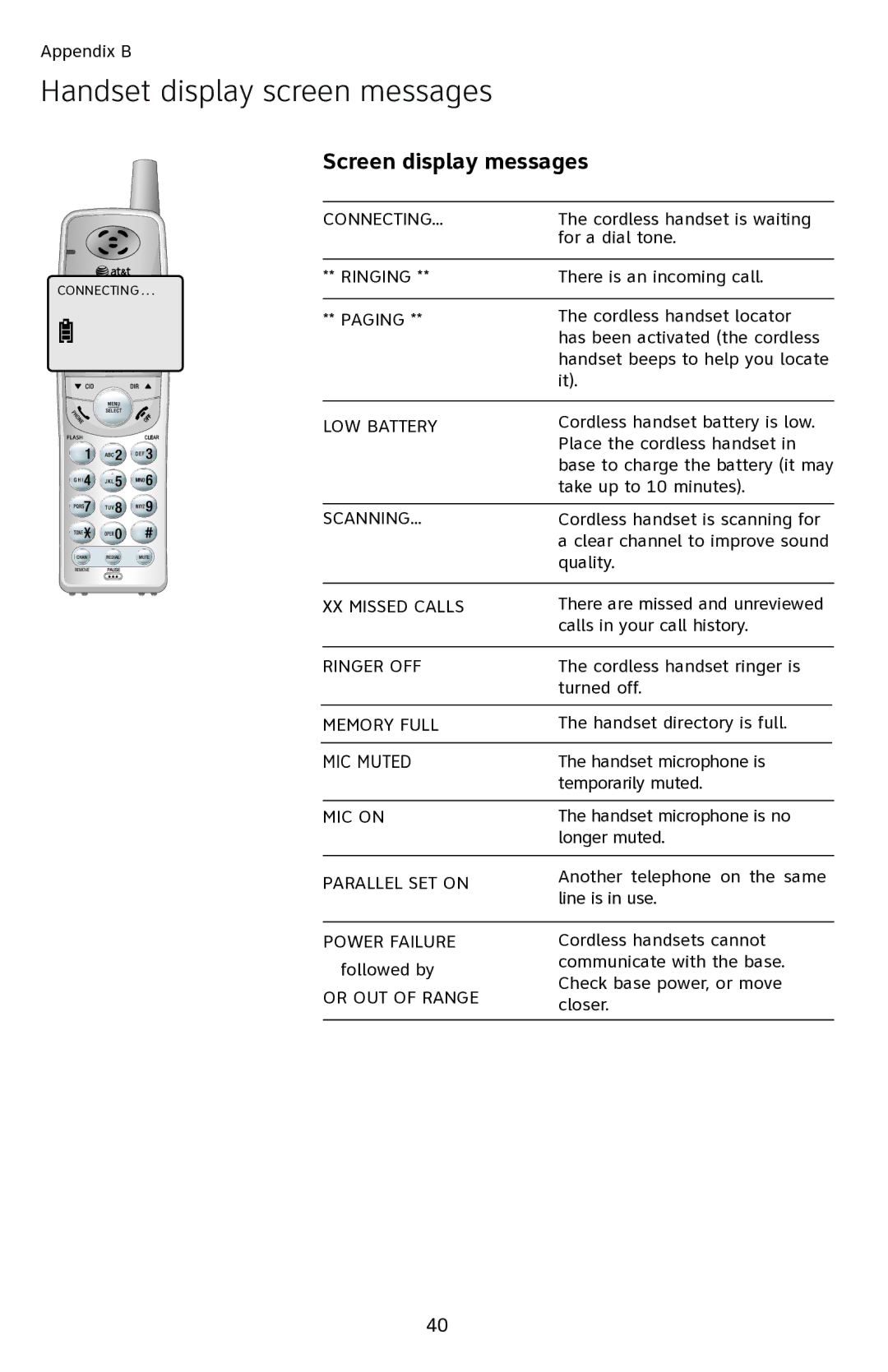 AT&T EL42108 user manual Handset display screen messages, Screen display messages 