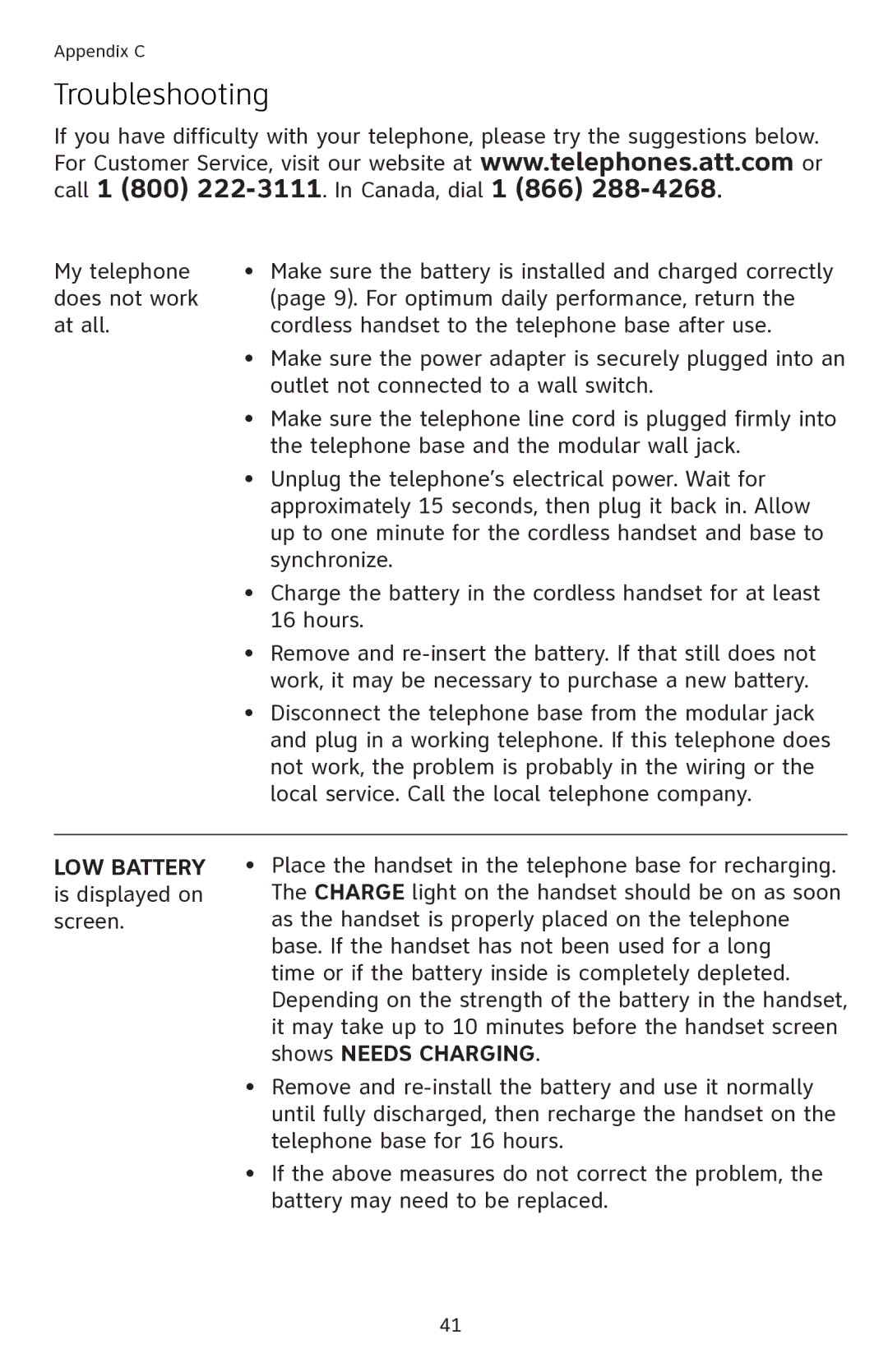 AT&T EL42108 user manual Troubleshooting, LOW Battery 