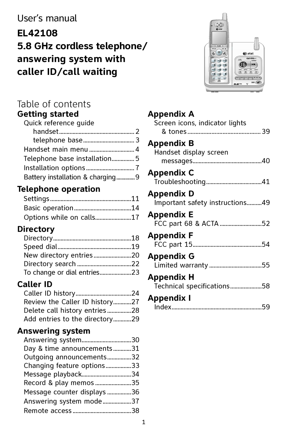 AT&T EL42108 user manual Table of contents 