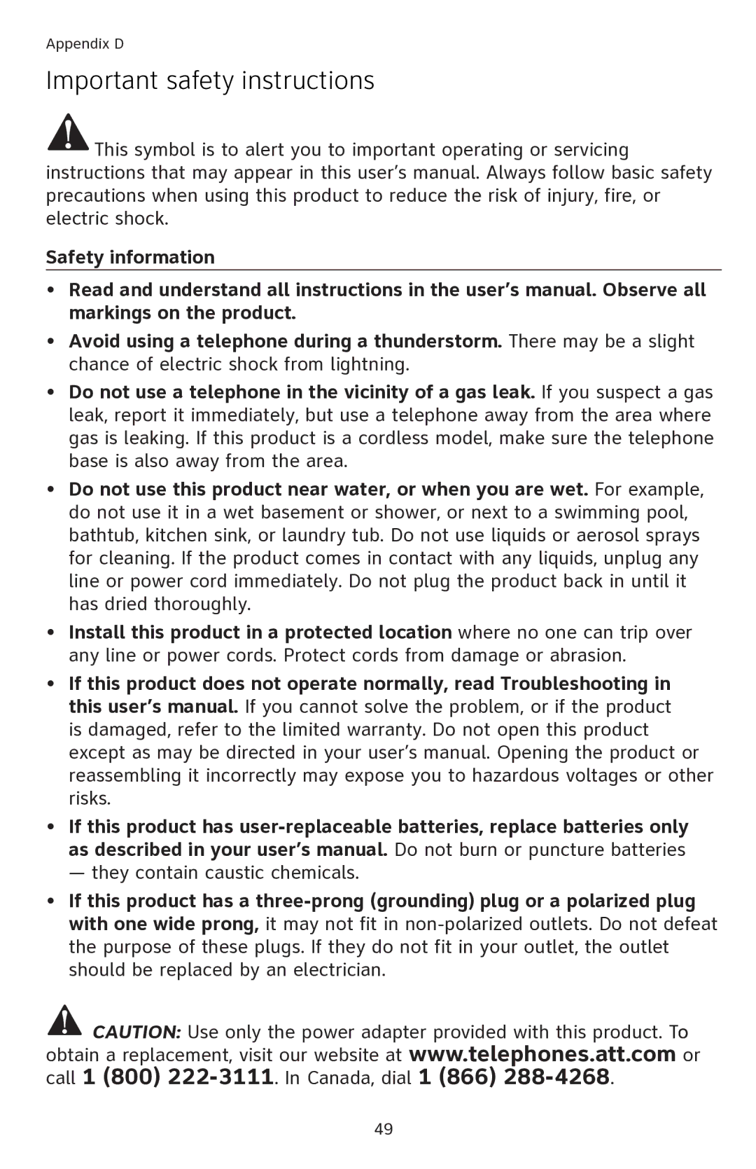 AT&T EL42108 user manual Important safety instructions 