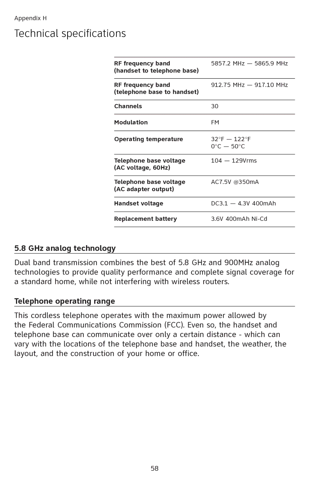 AT&T EL42108 user manual Technical specifications, GHz analog technology, Telephone operating range 