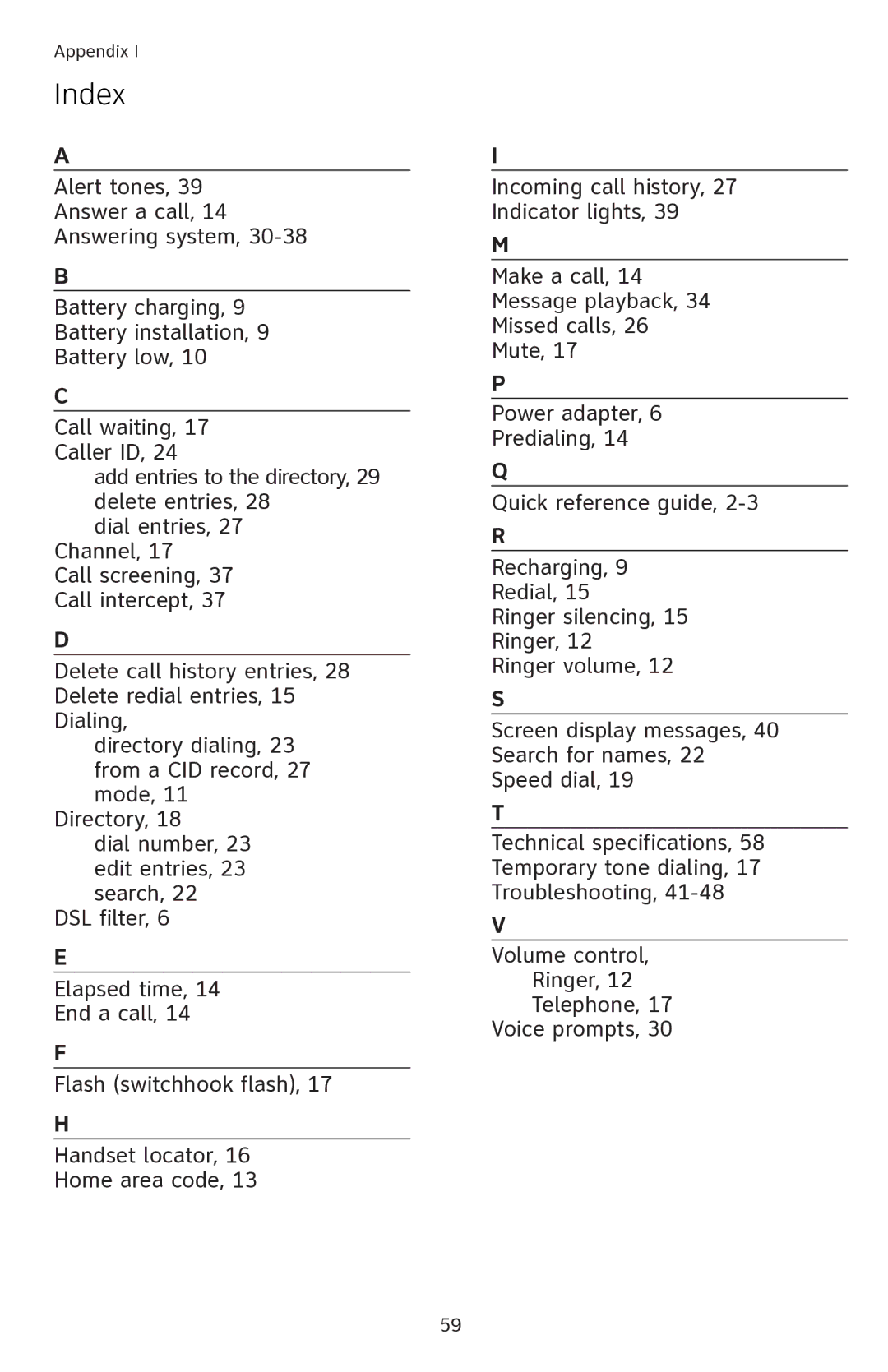 AT&T EL42108 user manual Index 