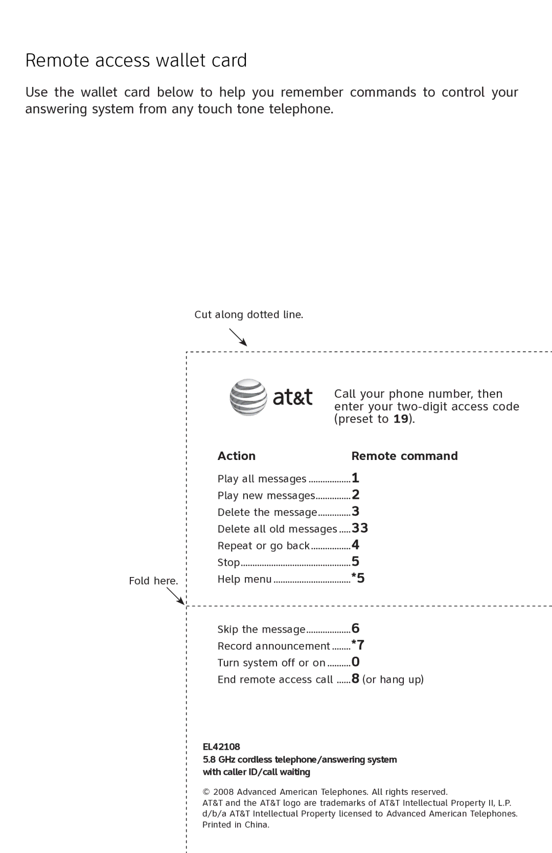 AT&T EL42108 user manual Remote access wallet card, Action Remote command 