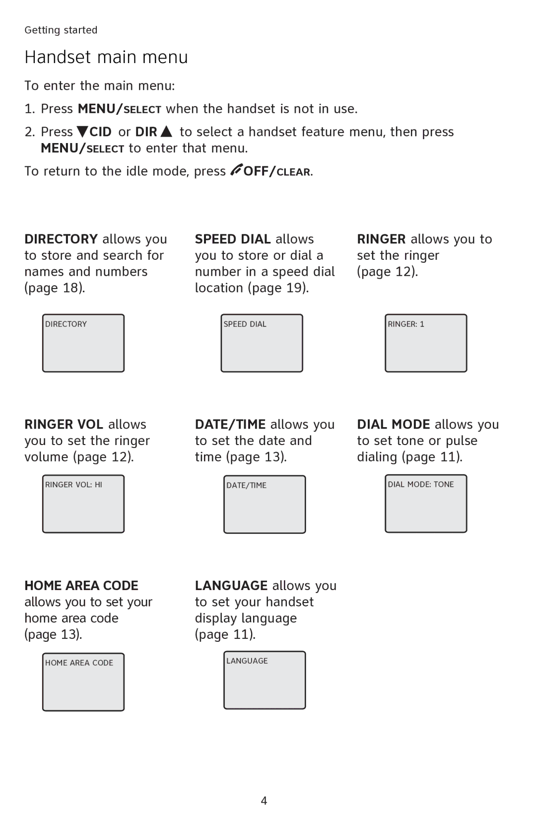 AT&T EL42108 user manual Handset main menu, Ringer VOL allows you to set the ringer volume 