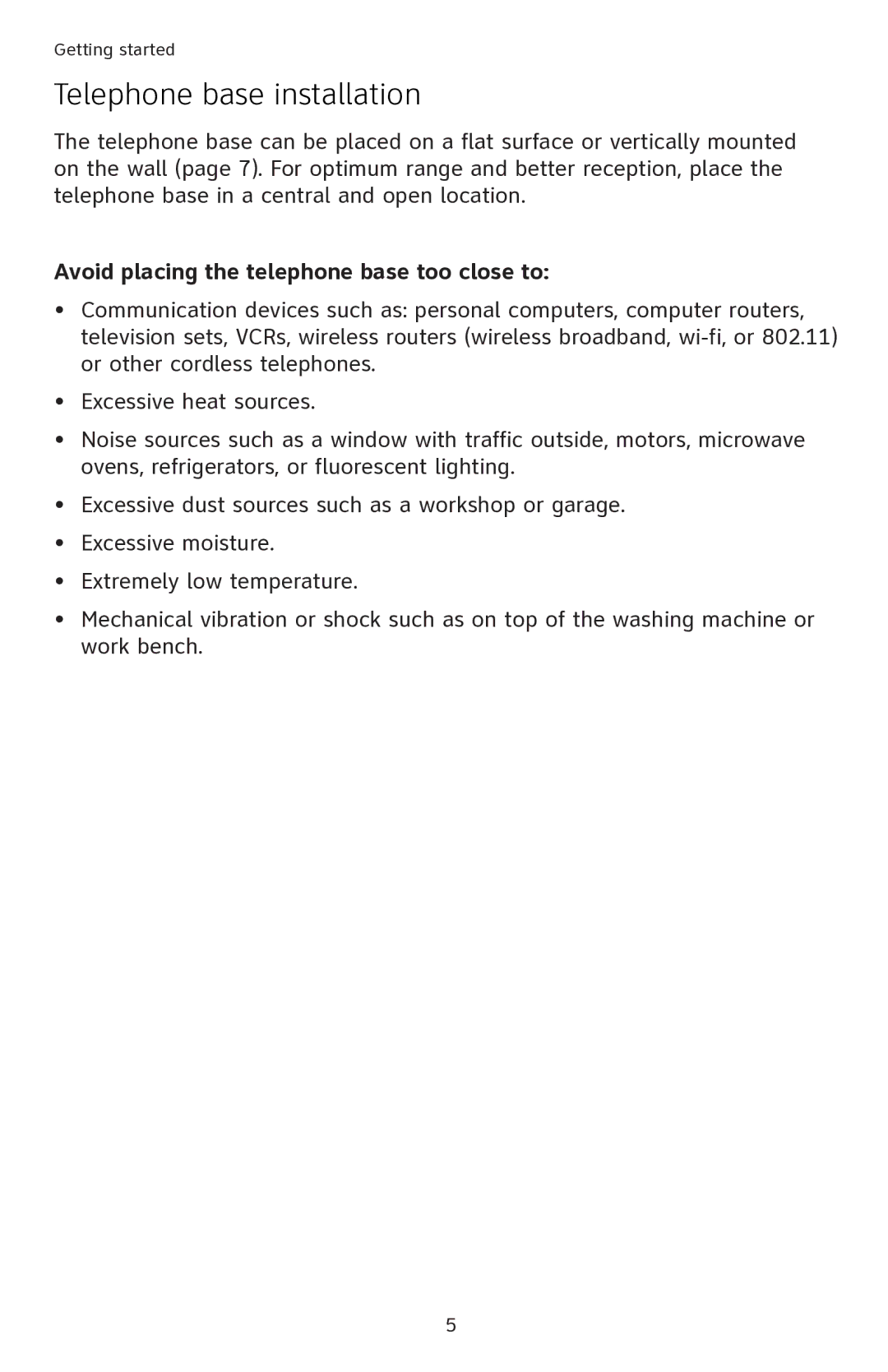 AT&T EL42108 user manual Telephone base installation, Avoid placing the telephone base too close to 