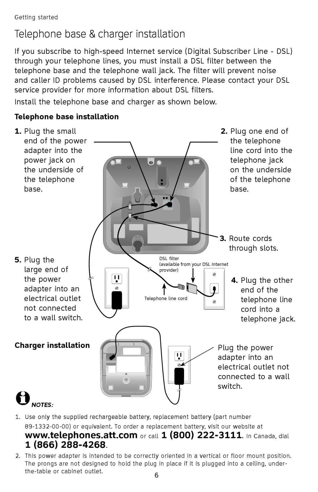 AT&T EL42308, EL42208, EL42258 user manual Telephone base installation, Charger installation 