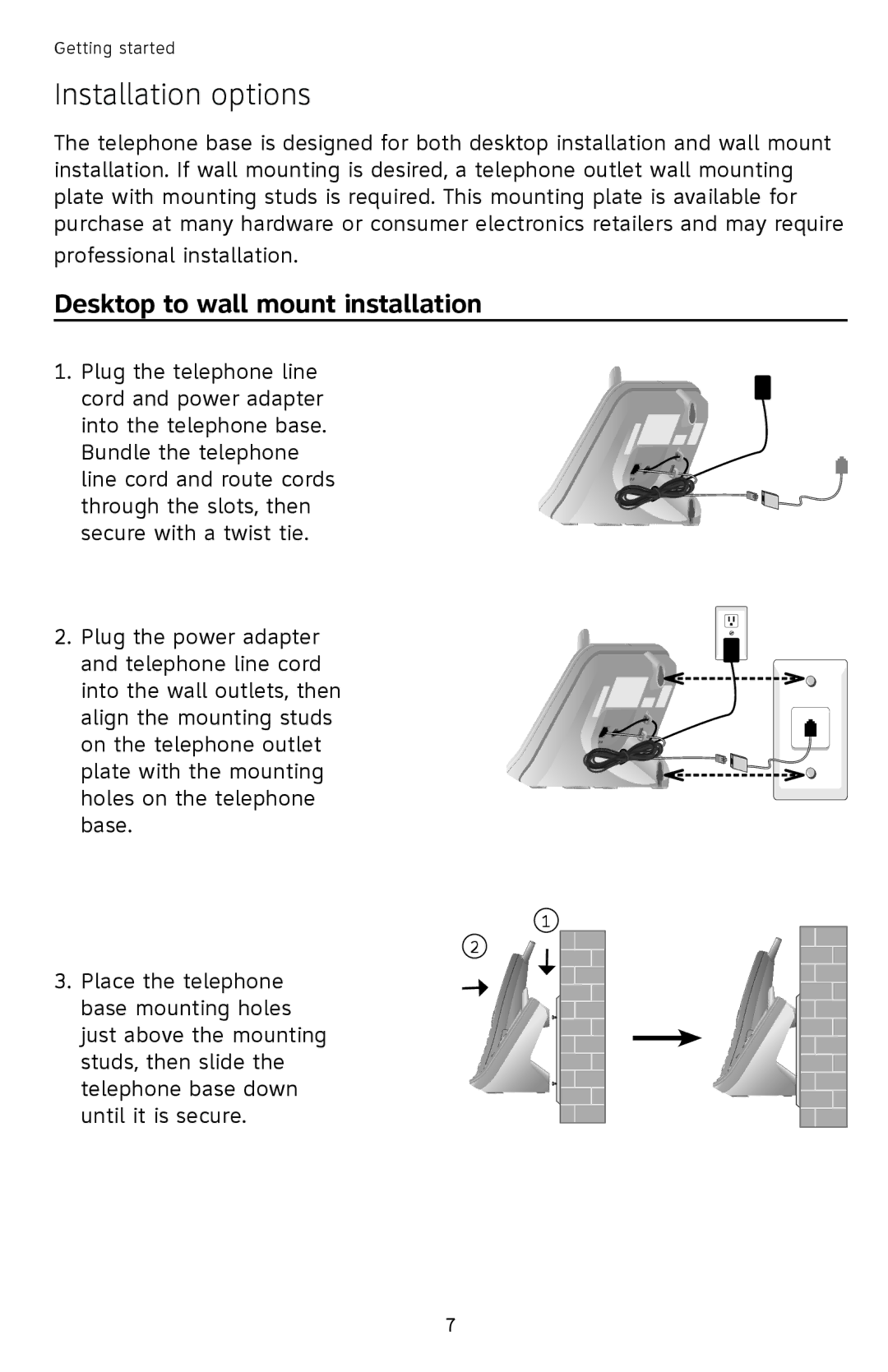 AT&T EL42258, EL42208, EL42308 user manual Installation options, Desktop to wall mount installation 