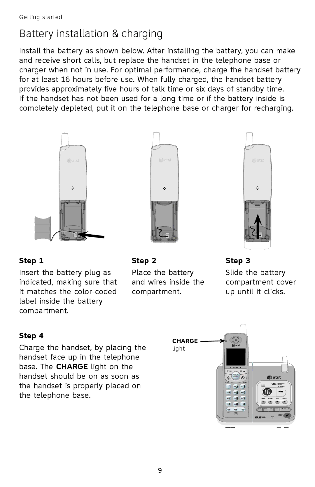 AT&T EL42308, EL42208, EL42258 user manual Battery installation & charging, Step 