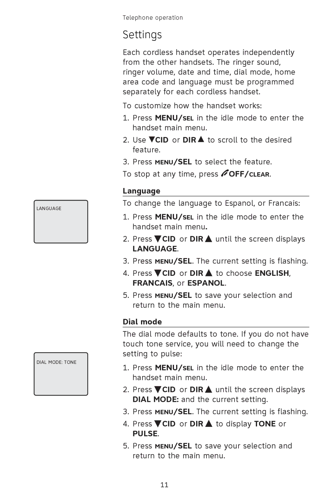 AT&T EL42208, EL42308, EL42258 user manual Settings, Language, Dial mode, Pulse 