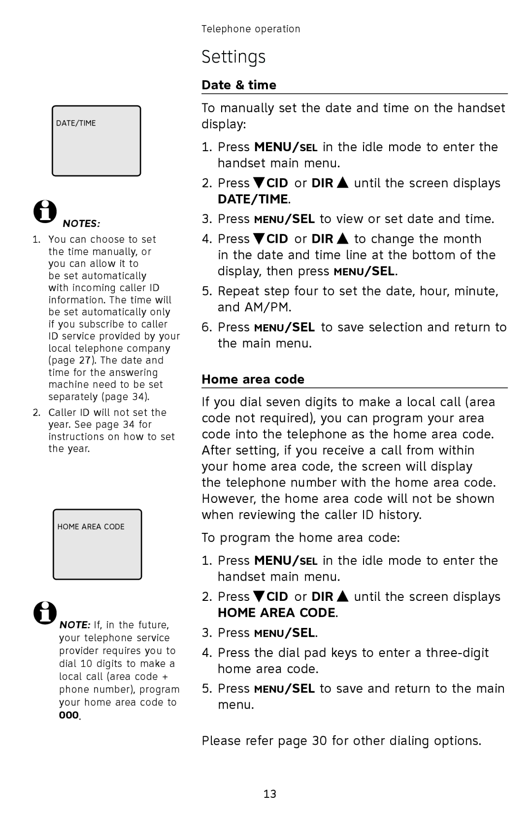 AT&T EL42258, EL42208, EL42308 user manual Date & time, Home area code, Home Area Code 